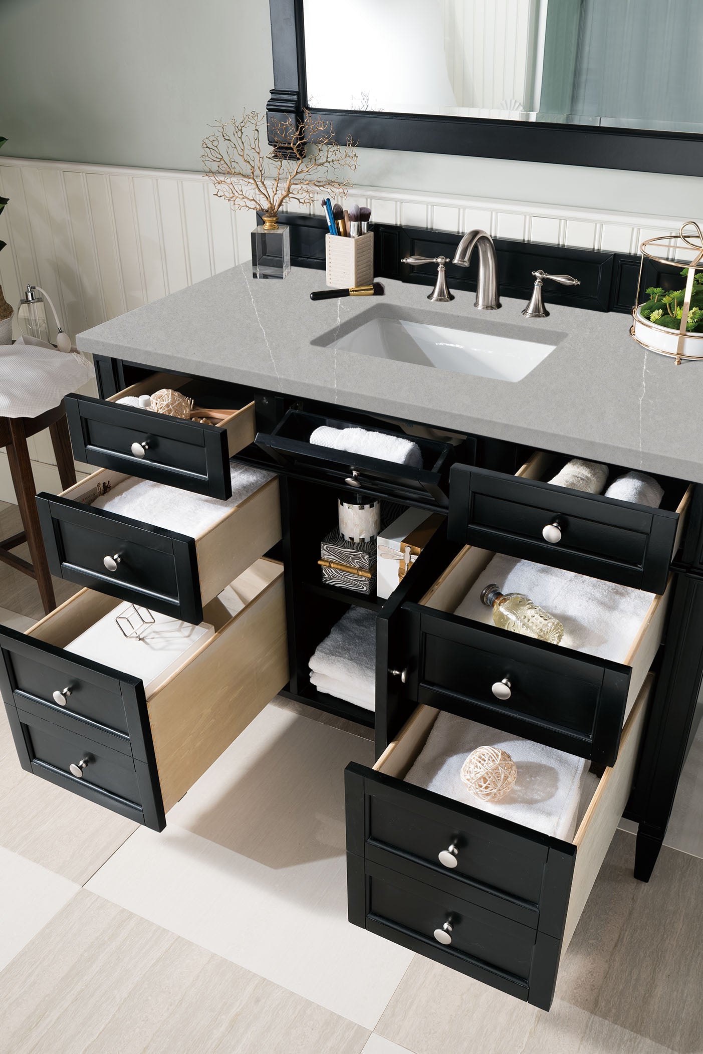 Brittany 48-Inch Black Onyx Bathroom Vanity with 3CM Eternal Serena Quartz Countertop - Modern Single Sink Vanity for Master Bath & Powder Room