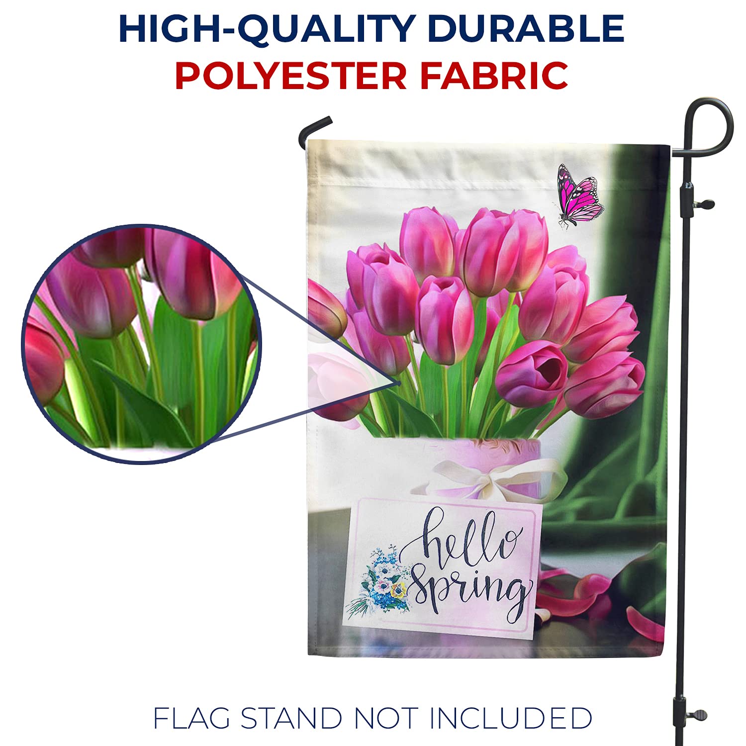 America Forever Hello Spring Garden Flag - 12.5 x 18 Inches Double Sided Outdoor Decoration with Tulips & Butterflies Design - Perfect for Spring Yard Decor, Front Porch Display & Seasonal Holiday Celebrations