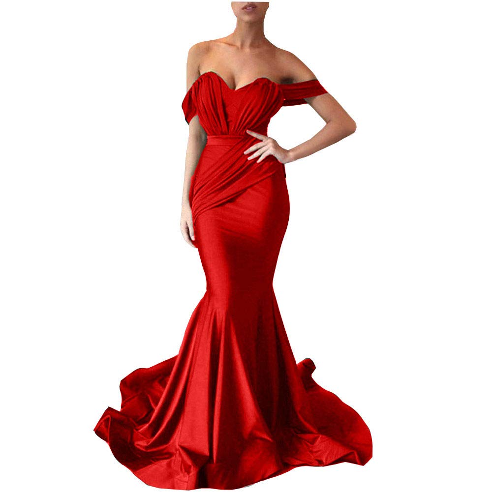 Emanni Women's Off Shoulder Mermaid Prom Dress - Satin Formal Evening Gown for Homecoming, Wedding, Party - Red (Perfect for Prom Night, Cocktail Party, Special Occasions)