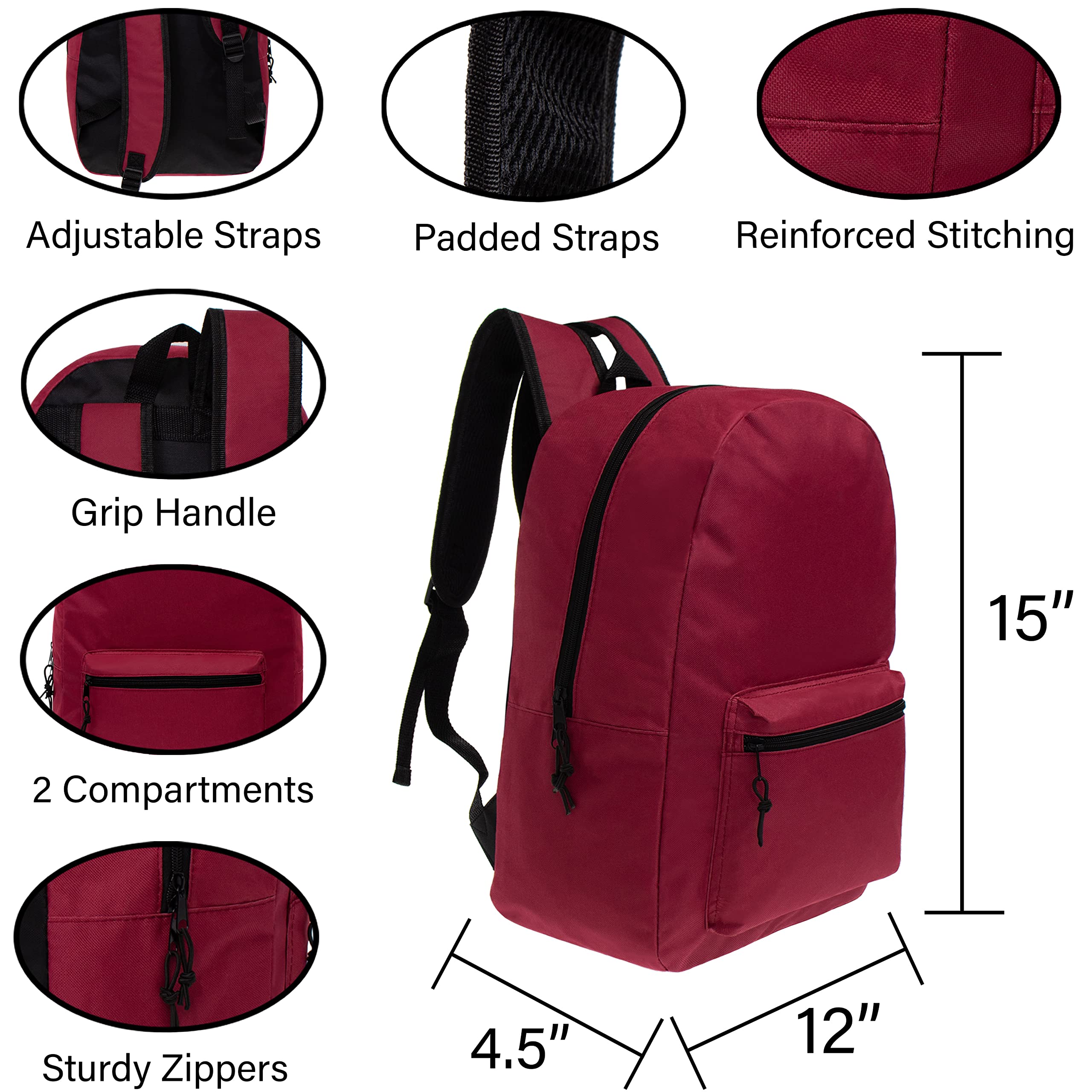 15 Inch Bulk Backpacks - 6 Colors with 22-Piece School Supply Kit (Pens, Pencils, Crayons) - Case of 12 - Perfect for Back to School, Classroom Supplies & Student Gifts