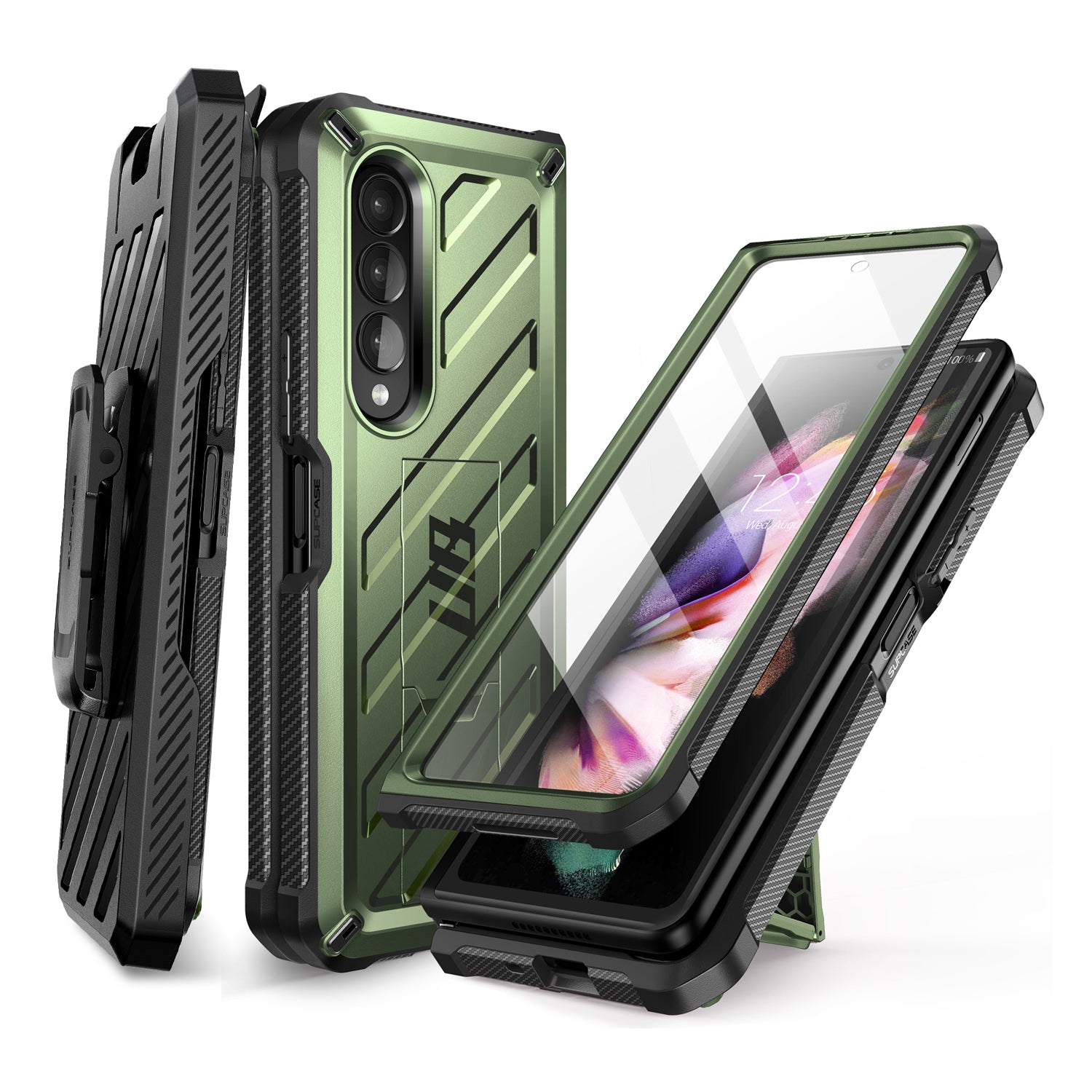 Samsung Galaxy Z Fold 3 Case with Built-in Kickstand & Screen Protector | Dark Green Protective Cover for Work, Travel & Everyday Use
