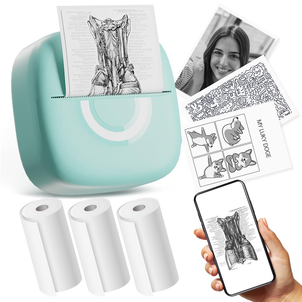 Mini Bluetooth Thermal Sticker Printer with 3 Rolls Paper - Portable Phone Printer for Pictures, Photos & Journals - Wireless DIY Label Maker Compatible with iPhone, Android & Tablets | Perfect for Study Notes, Scrapbooking & Home Organization