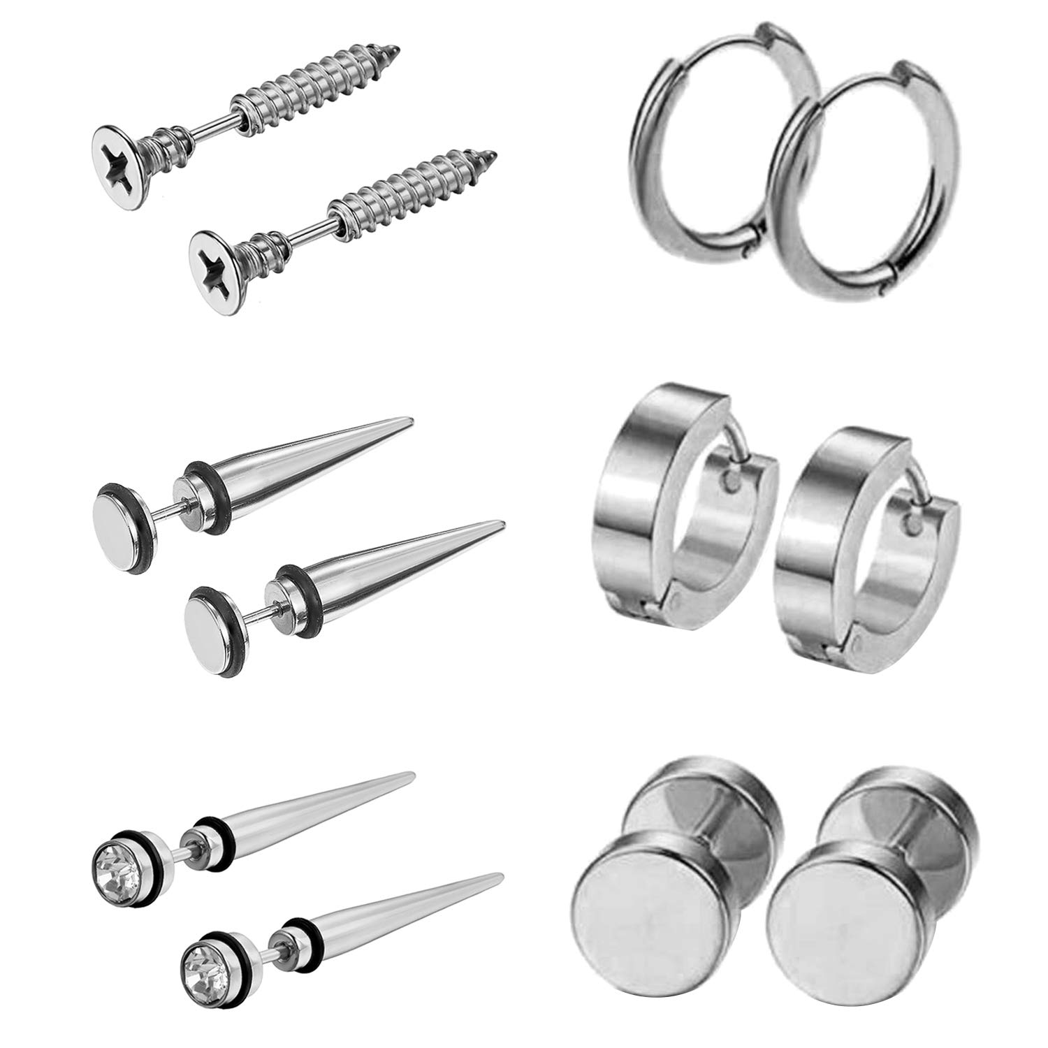 **Aroncent 6 Pairs Stainless Steel Small Hoop Earrings for Men & Women - Fake Gauges, Spike Earrings Set | Hypoallergenic, Lightweight & Durable | Perfect for Casual Wear, Parties & Gifts**