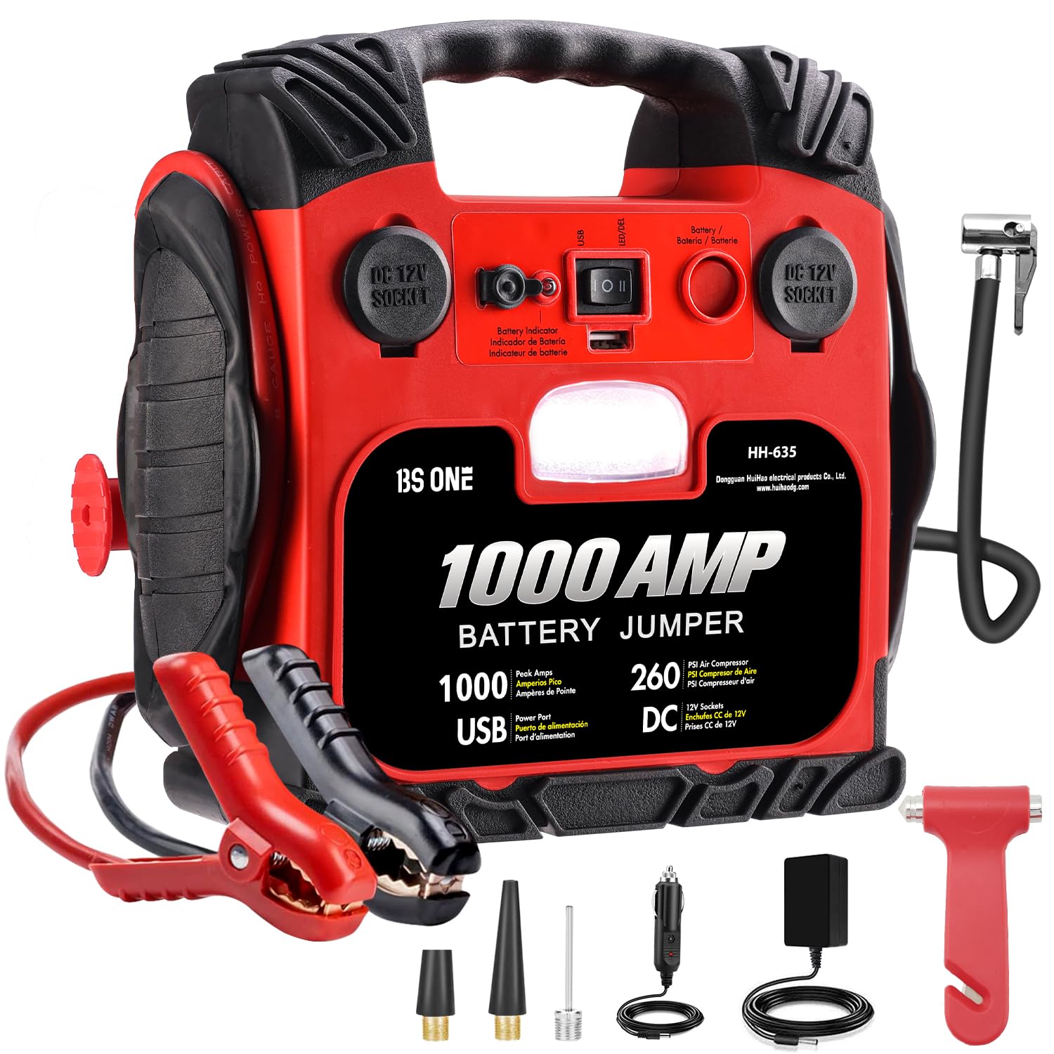 BS ONE 1000A Peak Car Jump Starter with 260PSI Air Compressor - 12V Portable Battery Booster for Dead Lead Acid Batteries, Includes LED Light & USB Output - Ideal for Emergency Roadside Assistance & Camping Power Supply