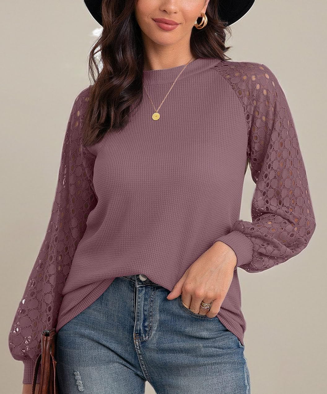 IWOLLENCE Women's Waffle Knit Blouse Puff Long & Short Sleeve Lace Tops Casual Loose T-Shirts - Perfect for Office Wear, Date Night & Spring Outfits