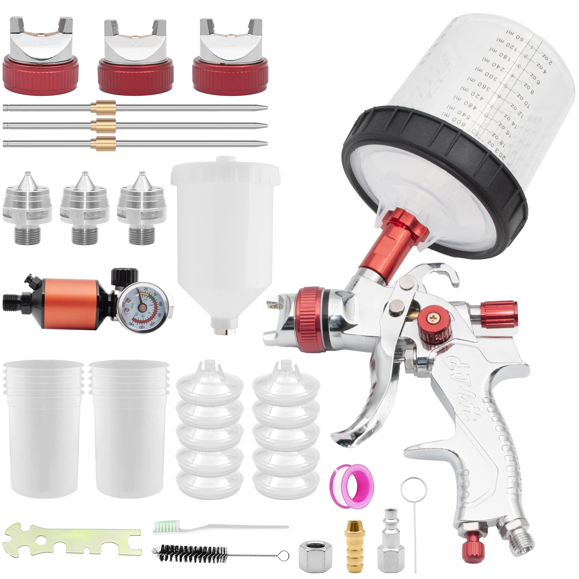 Professional HVLP Gravity Feed Spray Gun Kit - 1.4/1.7/2.0mm Nozzles, 600cc Paint Cups & Regulator - Perfect for Automotive Painting, Wood Finishing & DIY Home Projects