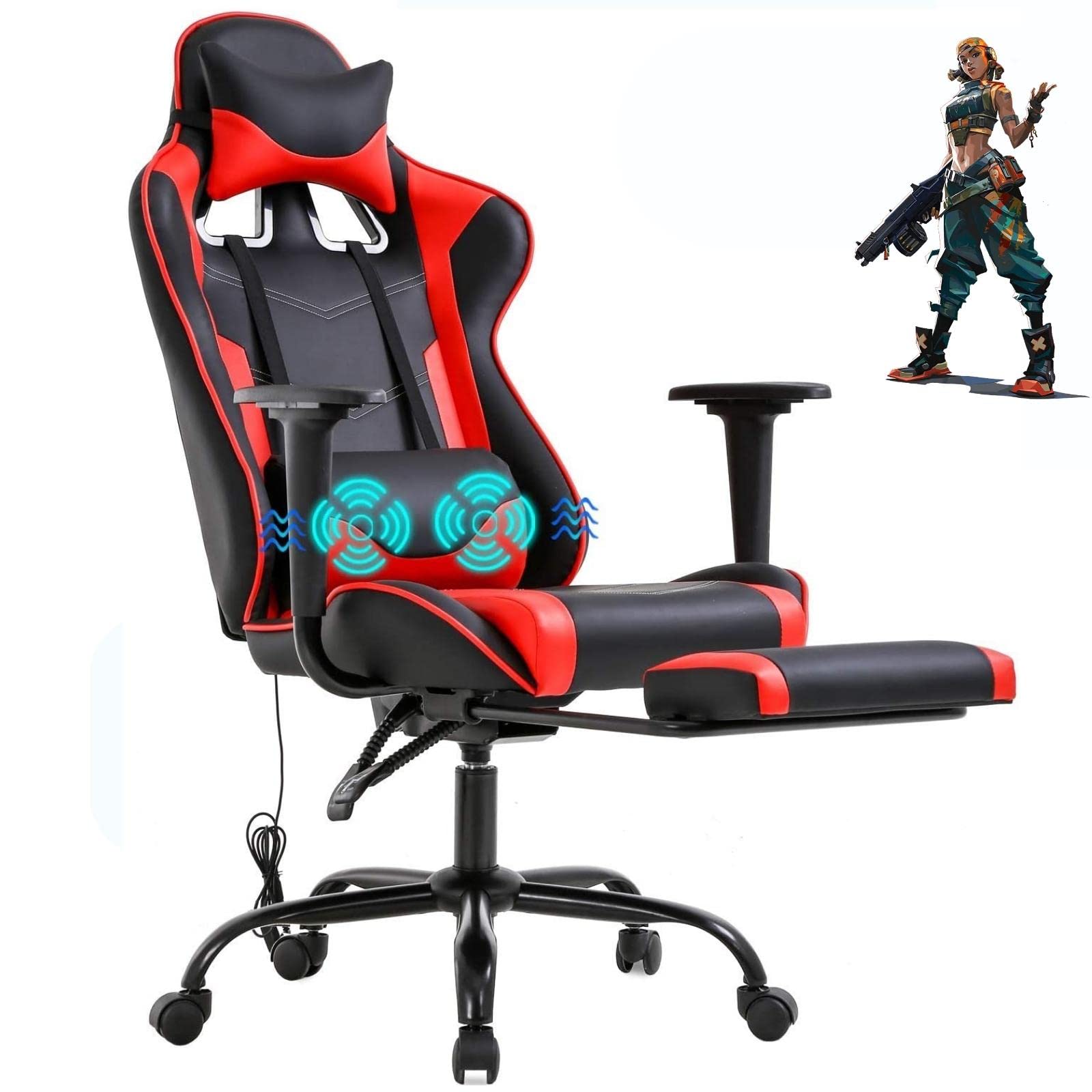 Ergonomic Red PC Gaming Chair with Massage Lumbar Support, Adjustable Racing Office Chair with Footrest & Headrest - Perfect for Home Office, Video Gaming & Streaming Setup