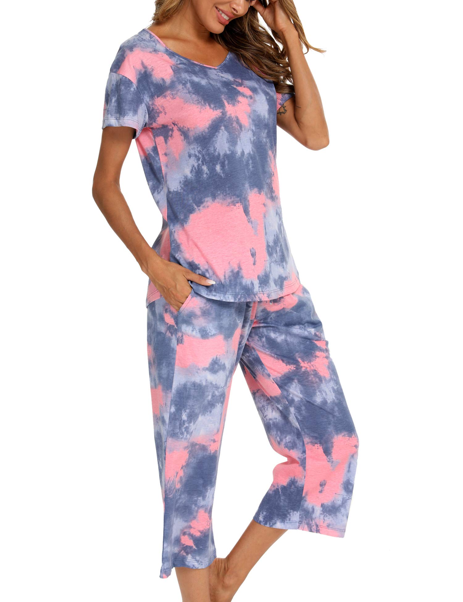 ENJOYNIGHT Women's Cotton Pajama Set - Soft Short Sleeve Top & Cropped Pants Lounge Wear for Sleep, Relaxing at Home or Travel | Comfortable Nightwear Outfit