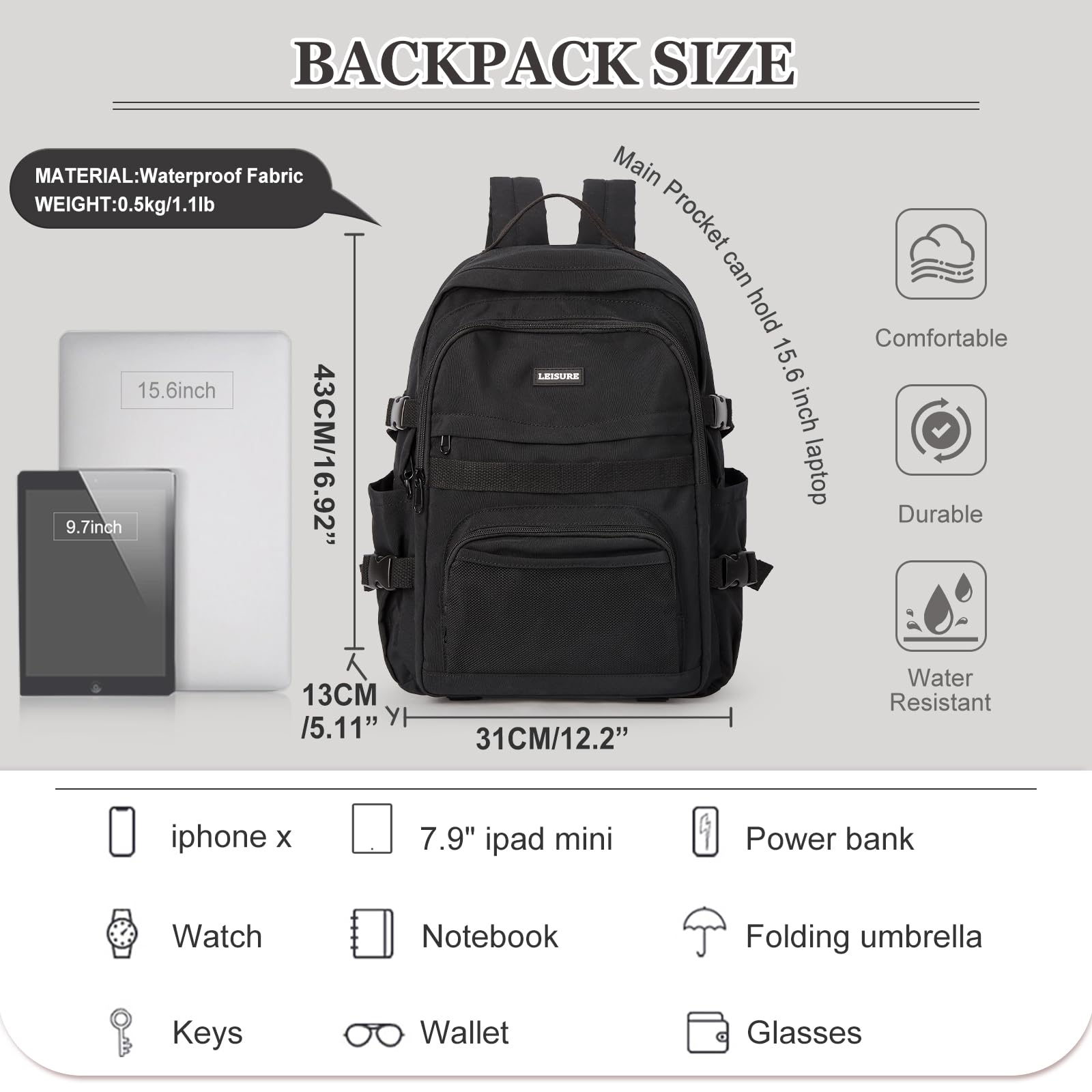 SEAFEW Lightweight Water Resistant Laptop Backpack for College, High School Students - Durable Book Bag for Men & Women, Perfect for Travel, Work & Daily Use - Black (G1) - Ideal for Commuting, Campus Life & Business Trips
