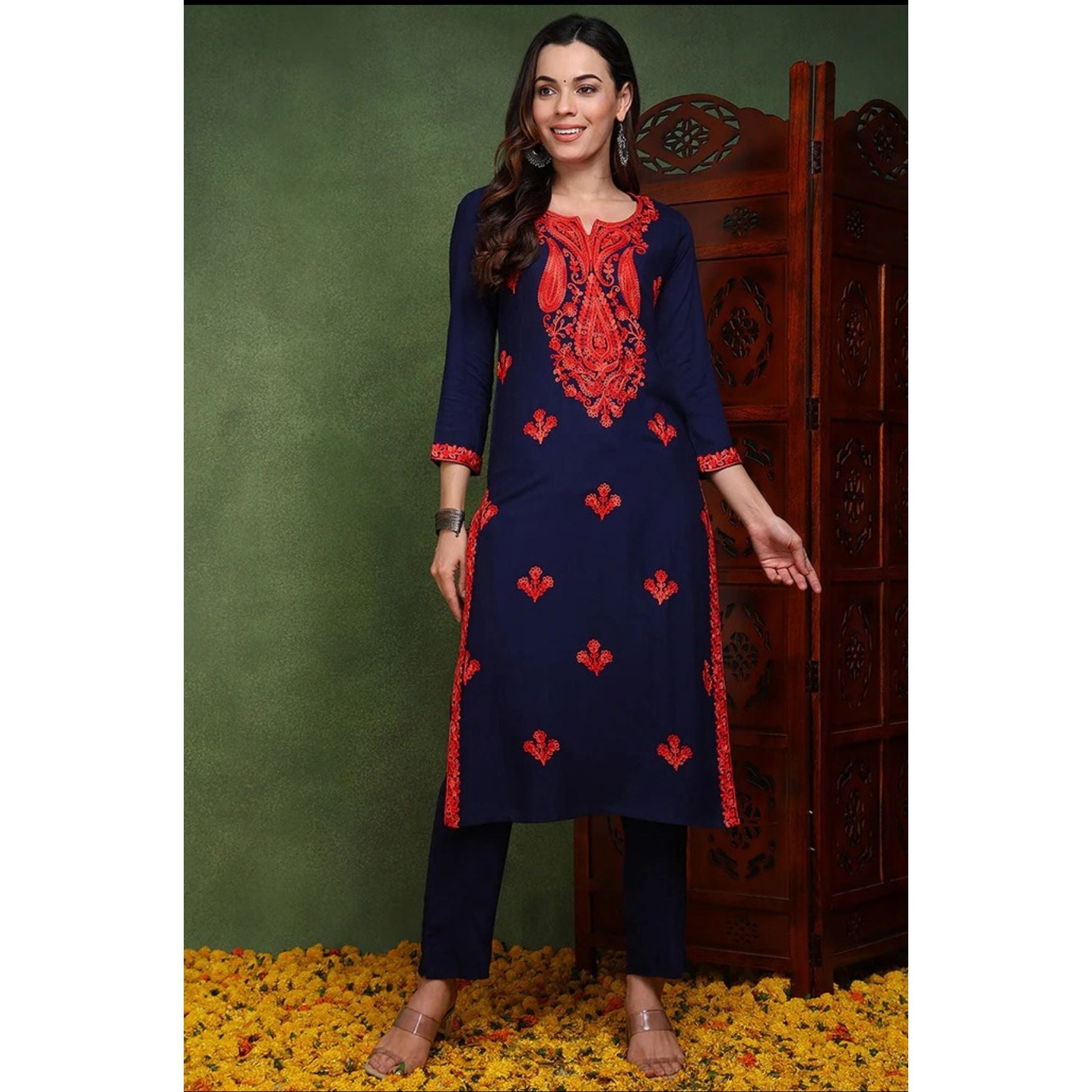 Elegant Dark Blue Chikankari Kurti for Women | Traditional Indian Embroidered Tunic Top | Perfect for Festivals, Weddings & Casual Wear