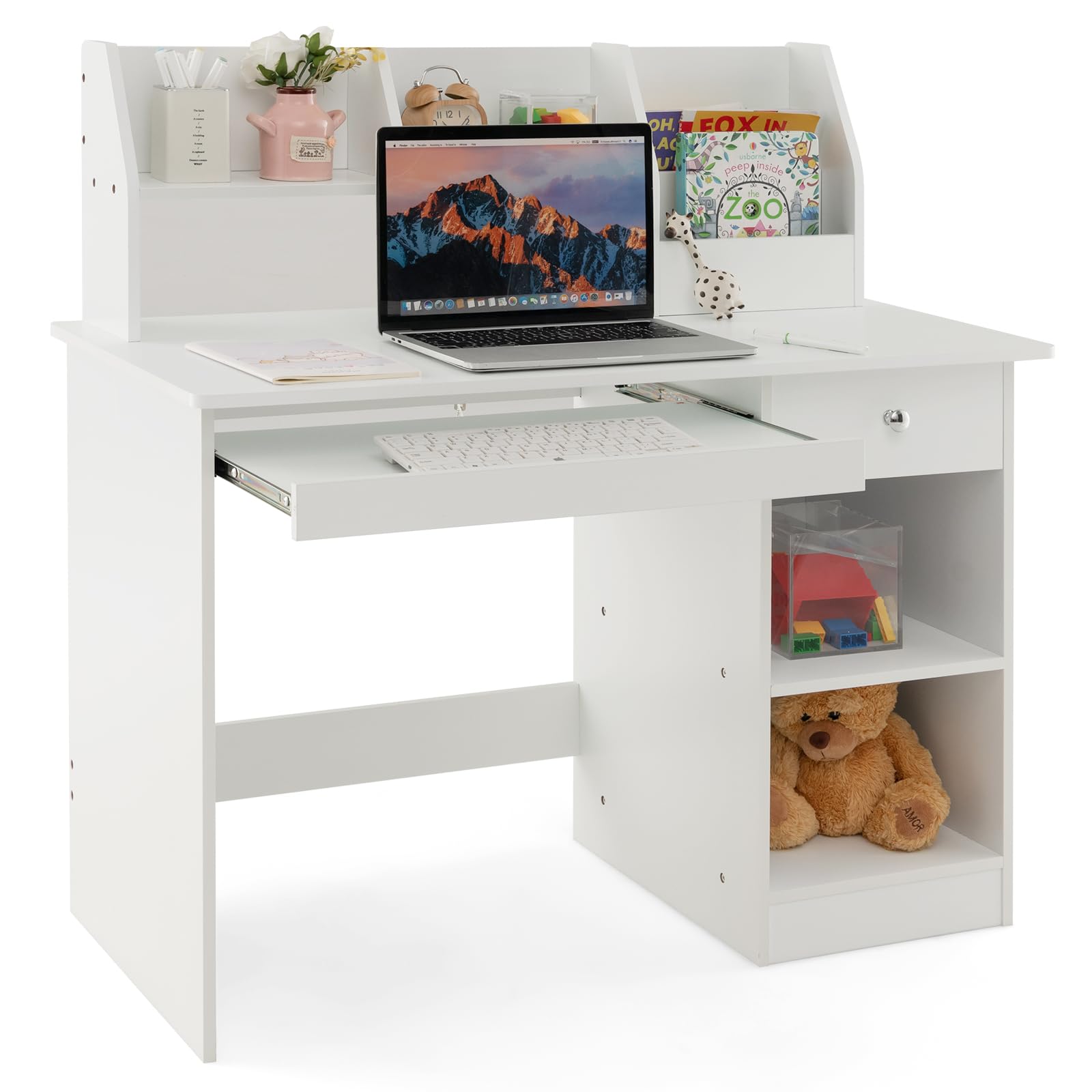 Costzon Kids Wooden Study Desk with Hutch, Storage Shelves & Keyboard Tray - White Children's Writing Workstation for Bedroom, School - Perfect Gift for Boys & Girls Ages 3+ | Ideal for Homework, Art Projects & Computer Learning