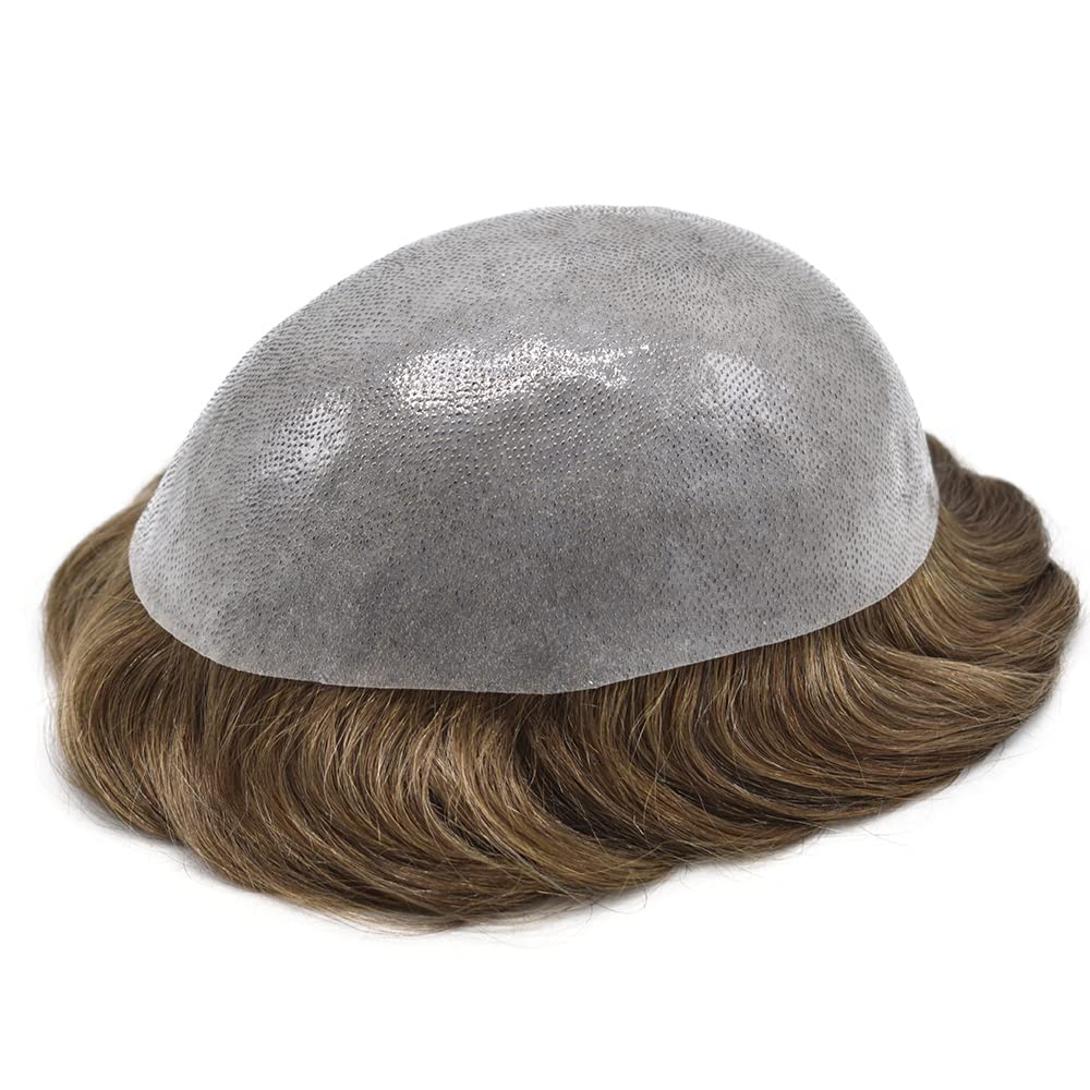 Premium 100% European Human Hair Toupee for Men - 0.12mm Thin Skin V-looped Hair Replacement System with Durable Poly Base (8