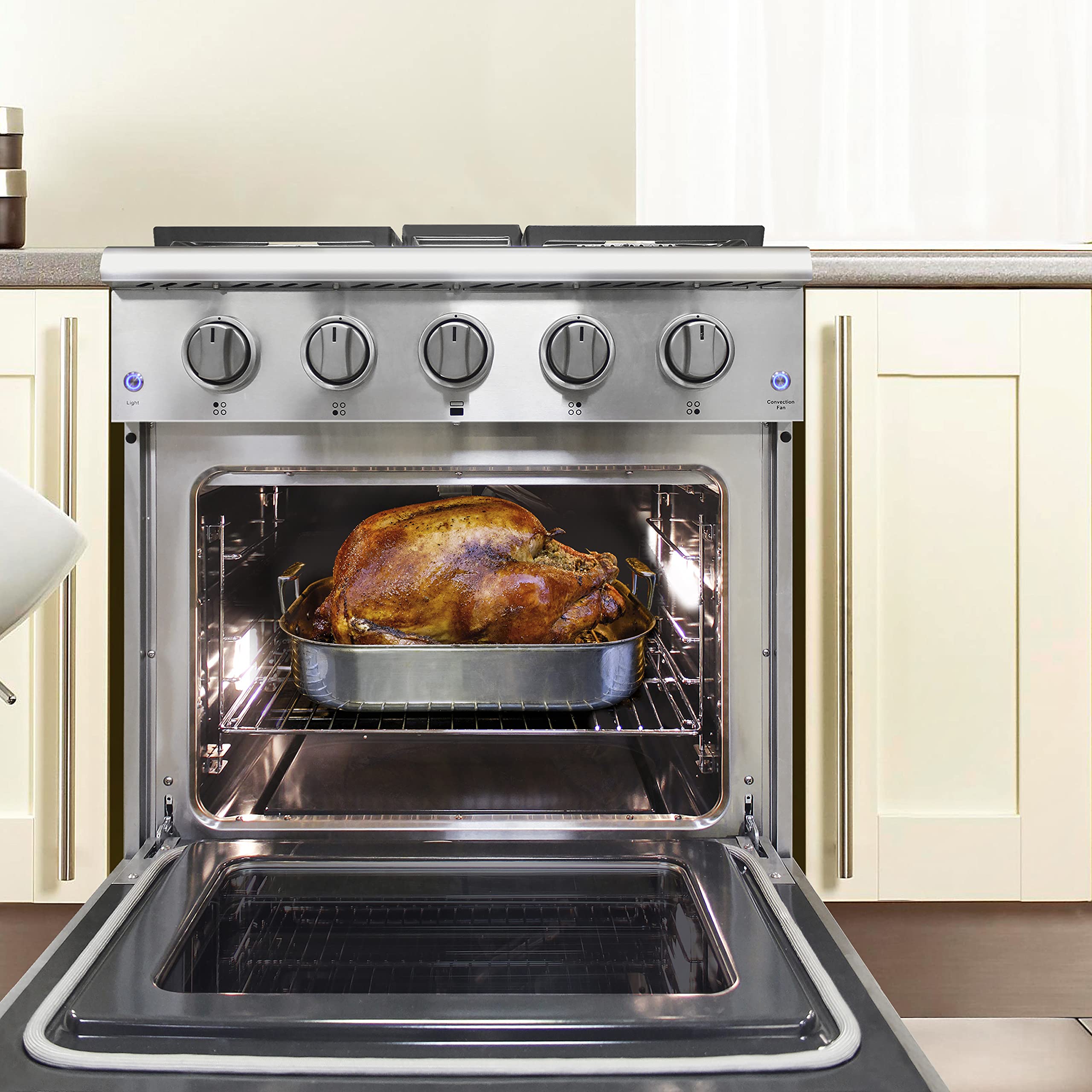 BRAMA 30-Inch Freestanding Gas Range with 4 Burner Cooktop - 4.2 Cu.Ft. Convection Oven, Broil Function & Continuous Cast Iron Grates - Stainless Steel Construction for Modern Kitchens - Perfect for Home Cooking, Baking & Entertaining
