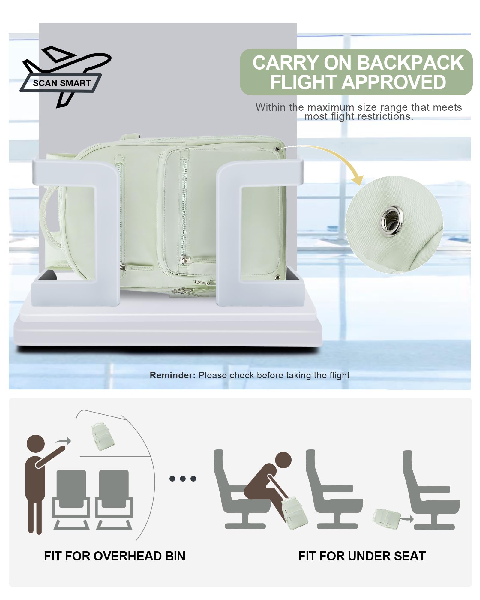 Stylish Mint Green Travel Backpack - Airline Approved, USB Charging for Work & College