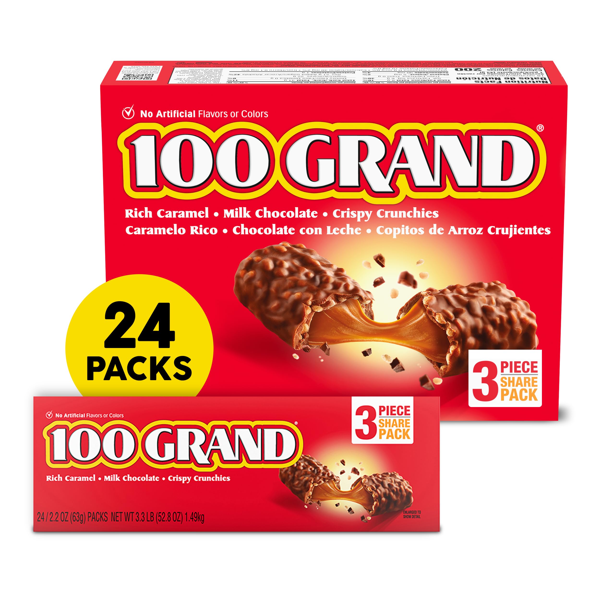 100 Grand Crispy Milk Chocolate Bars with Caramel - Bulk 24 Count Box (2.2 oz Each, Individually Wrapped) | Perfect for Halloween Candy, Party Favors & Office Snacks