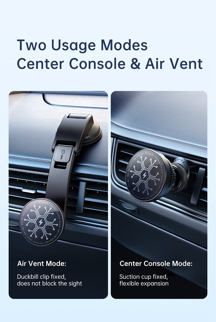 2 in 1 Mcdodo 15W Qi Wireless Car Charger with Cooling Radiator - Fast Charging Phone Holder for iPhone 15/14/13, Samsung Galaxy S23/S22, Air Vent Mount & Stand Clip - Perfect for Road Trips & Commuting