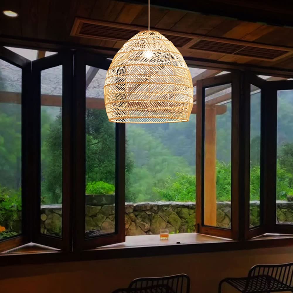 Hand-Woven Rattan Pendant Lamp - Adjustable Wicker Chandelier with Open Weave Basket Design, Beige Farmhouse Ceiling Light for Kitchen Island, Dining Room & Bedroom Decor