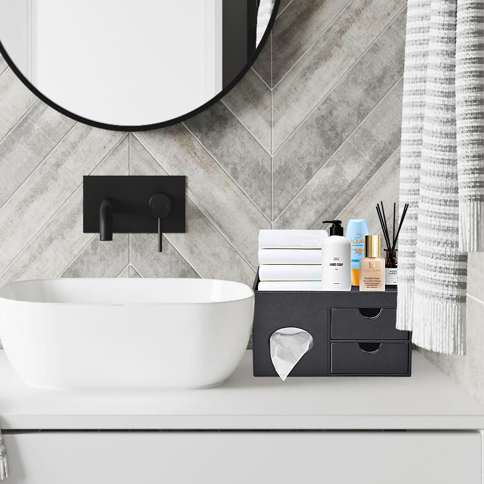 Square Tissue Box Cover with Drawers & Storage Tray - Makeup Organizer & Desk Organizer - Decorative Tissue Holder for Bathroom, Vanity, Nightstand & Dressing Table (Black) - Perfect for Home, Office & Bedroom Organization