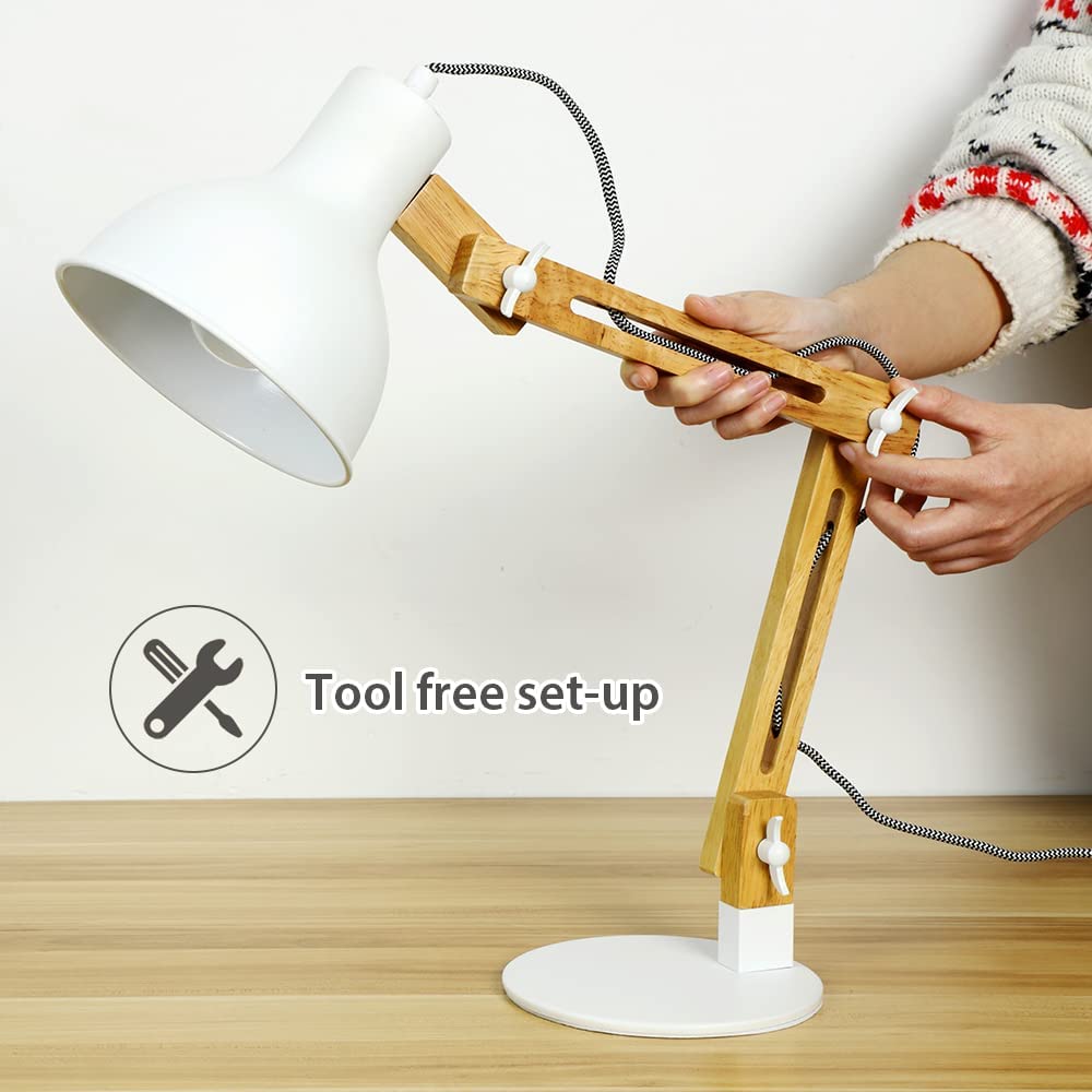 Depuley Swing Arm Desk Lamp - Adjustable Wood Gooseneck Table Light with White Metal Shade (Bulb Included) | Modern Architect Design for Home Office, Study, Bedroom & College Dorm | Perfect Reading Light for Work & Nighttime Use