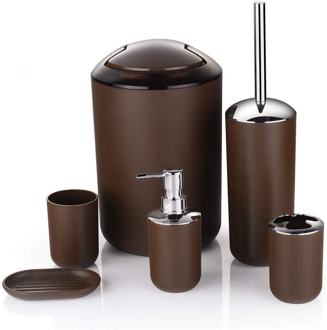 Minimalist Brown Bathroom Accessory Set - Toothbrush Holder, Soap Dish, Hand Sanitizer Bottle, Dustbin & Toilet Brush | Modern Bathroom Organization for Home, Apartment, Hotel (Color: Brown)