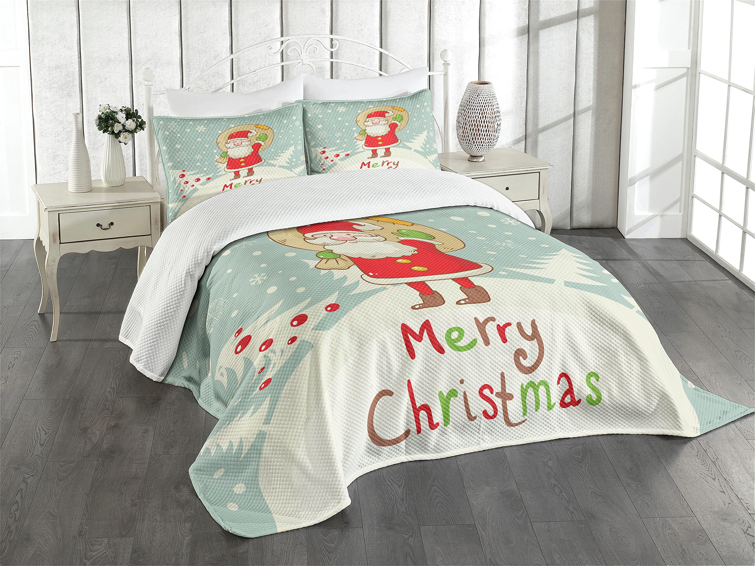Ambesonne 3-Piece Santa Christmas Bedspread Set with 2 Pillow Shams - King Size Holiday Bedding Featuring Festive Santa, Presents, Forest & Snowflakes Design - Perfect for Christmas Decorations & Cozy Winter Bedroom