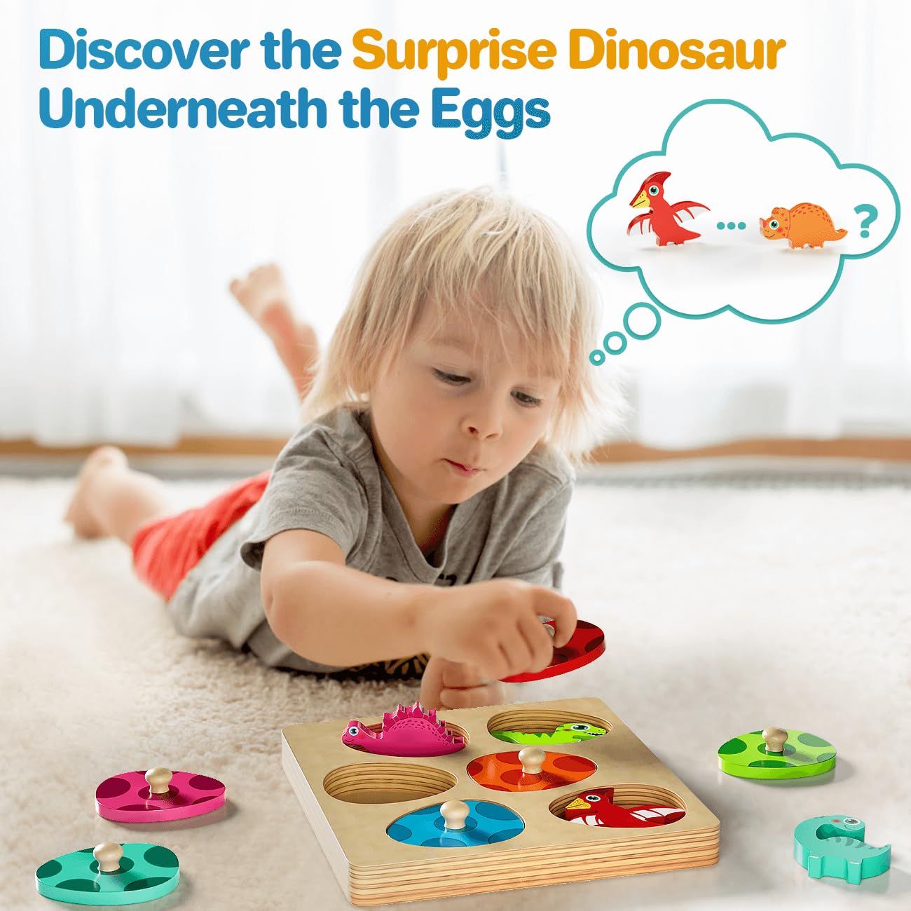 Montessori Wooden Puzzles for Toddlers 1-3 - Dinosaur Matching Eggs Learning Toys for Preschool & Birthday Gifts
