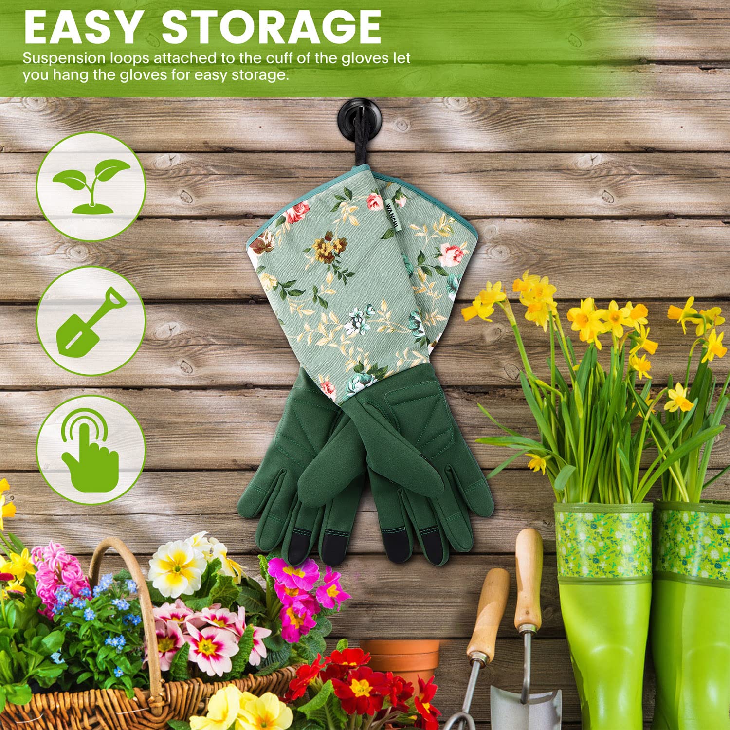 **Long Sleeve Leather Gardening Gloves for Women – Durable, Comfortable & Cute Green Print – Perfect for Yard Work, Planting & Outdoor Gardening – Ideal Gift for Garden Lovers (Small)**