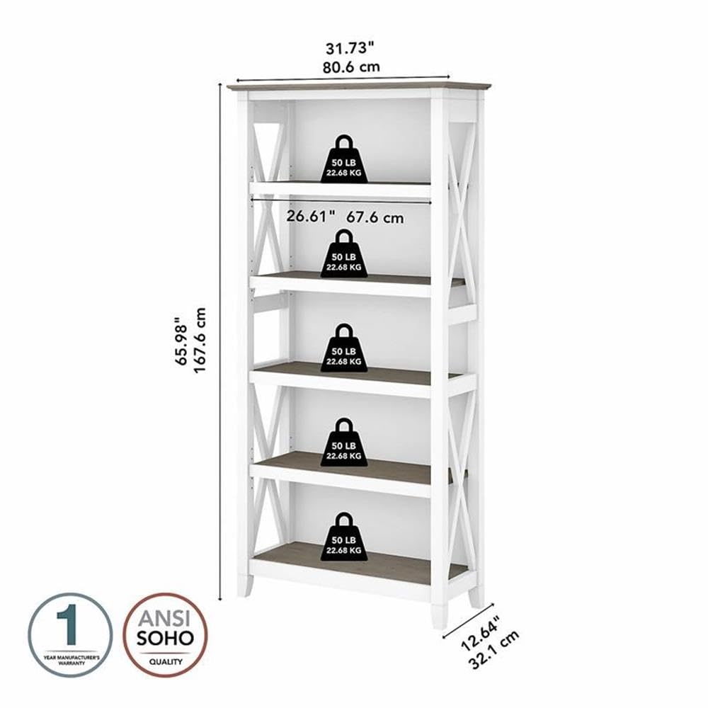 BOWERY HILL 5-Shelf Coastal Wood Tall Bookcase - Shiplap Gray & White - Perfect for Beach House, Farmhouse & Living Room Storage