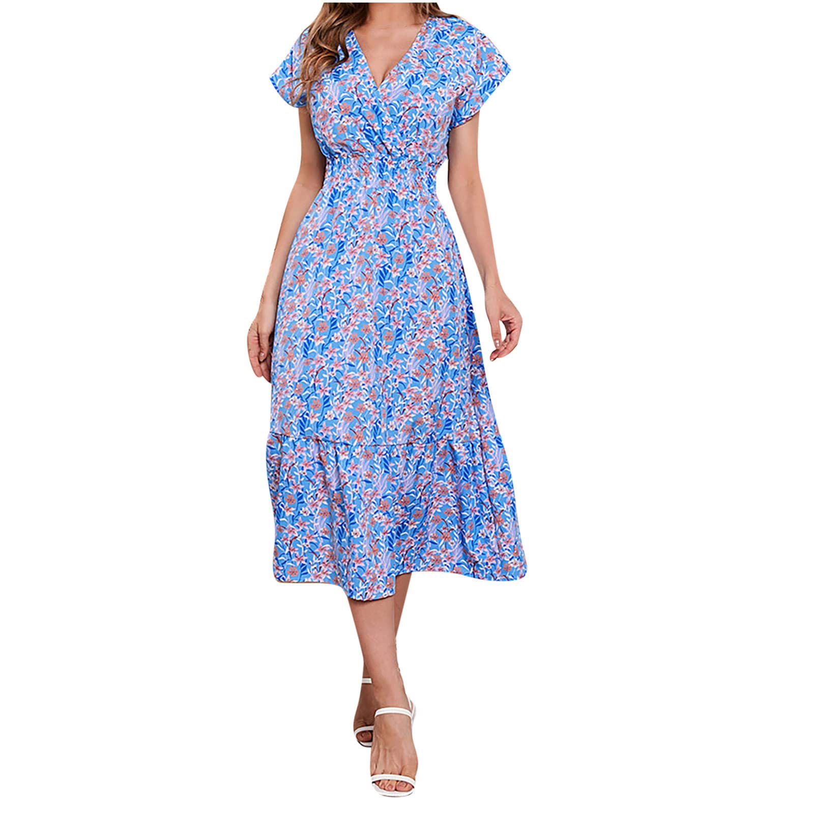 Women's Floral Summer Dress - Short Sleeve Wrap V-Neck Casual Boho Dress with Ruffle Hem | A-Line Bohemian Floral Print Maxi Dress for Beach, Vacation & Outdoor Parties