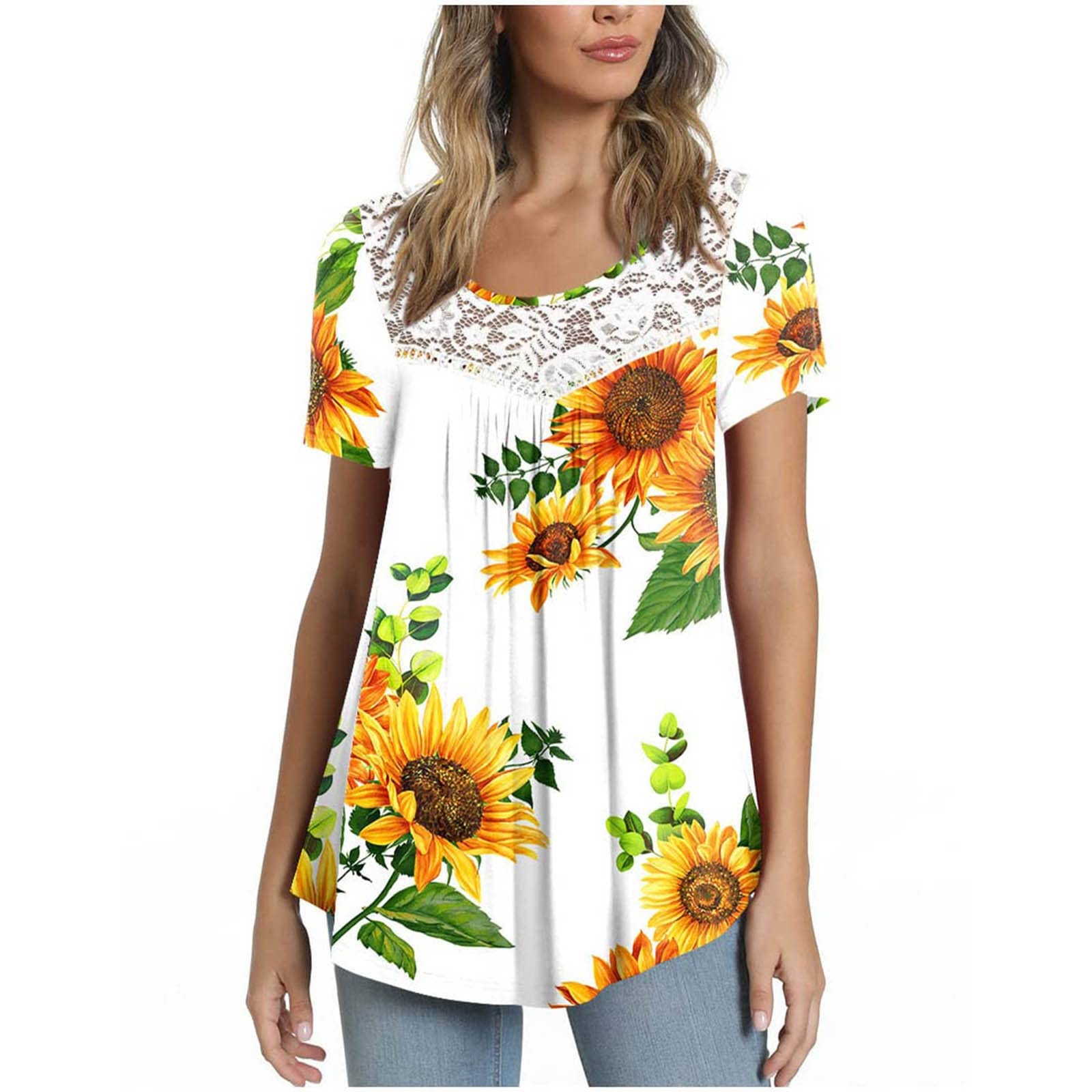 Elegant Women's Lace Patchwork Printed Round Neck Short Blouse Tops - Stylish Dressy Casual Tops for Work, Party & Everyday Wear