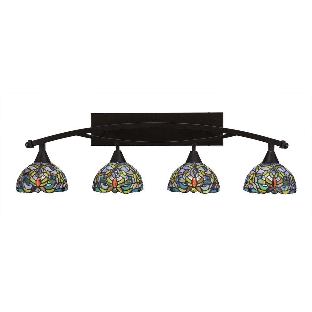 Toltec Lighting 174-BRZ-9905 4-Light Bathroom Vanity Bar with Kaleidoscope Tiffany Glass Shades - Elegant Bronze Finish for Bathroom, Powder Room, or Dressing Area Lighting
