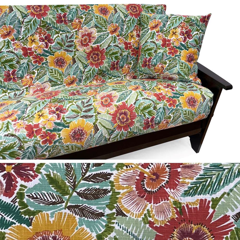 SlipcoverShop Outdoor Botany Futon Cover 965 Queen Size with 2 Decorative Pillows - Waterproof & UV Resistant for Patio, Deck, and Sunroom Furniture Protection