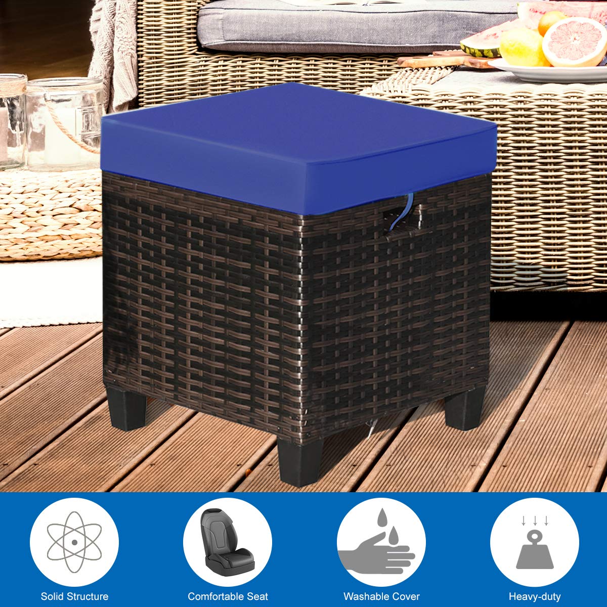 2PCS Rattan Wicker Ottoman Set with Removable Cushions - Patio Footstool Footrest Seat for Outdoor Living, Garden, Backyard & Home Decor (Navy) - Perfect for Relaxing, Entertaining & Adding Boho Style to Your Space