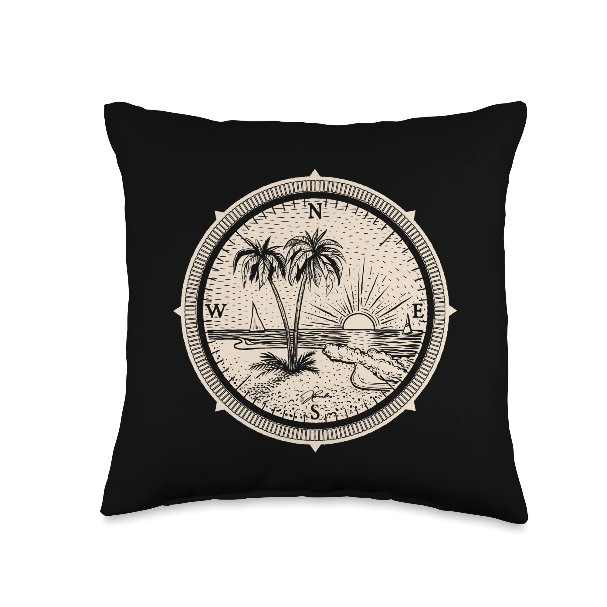 Compass Rose and Beach Throw Pillow - 16x16 Inch Multicolor Decorative Cushion Cover for Coastal Home Decor, Living Room, Bedroom, or Outdoor Patio