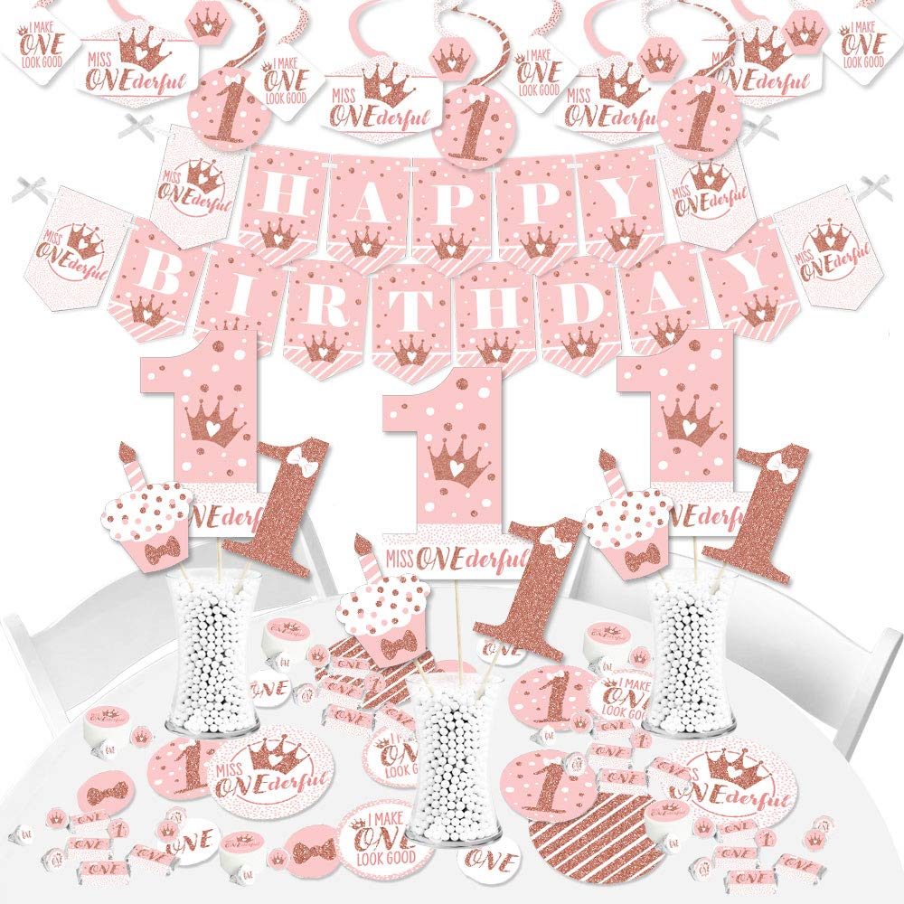 Big Dot of Happiness 1st Birthday Little Miss Onederful Party Decorations - Girl's First Birthday Banner Kit with Fundle Bundle - Perfect for Baby Shower & Birthday Party Decor