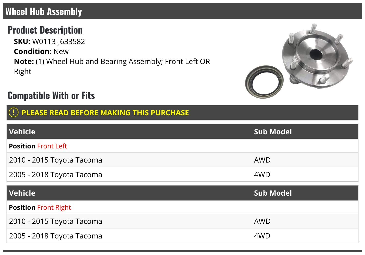 Toyota Tacoma 4WD/AWD Front Wheel Hub & Bearing Assembly (2005-2018) - Left or Right Side Replacement - Perfect for Off-Roading, Towing & Daily Driving