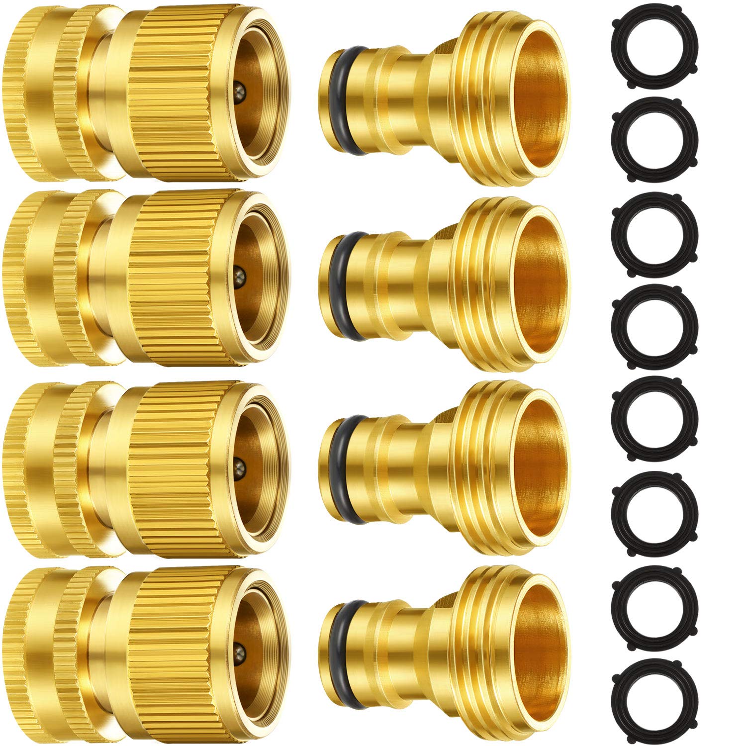 Premium 3/4 Inch GHT Solid Brass Quick Connect Garden Hose Fittings - 4-Piece Set with Male/Female Connectors & Extra Rubber Washers for Leak-Proof Watering - Perfect for Lawn Irrigation, Car Washing & Outdoor Cleaning