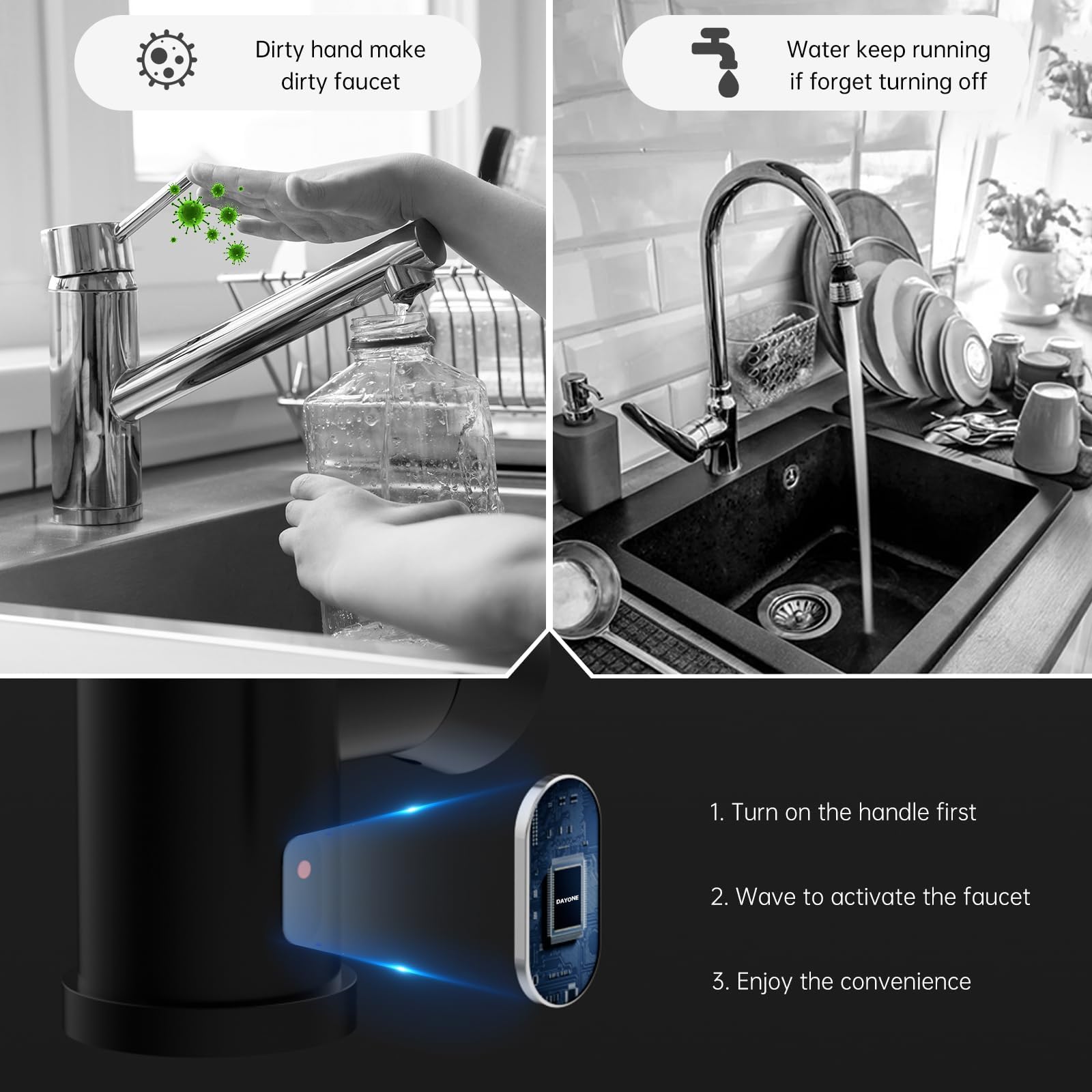 DAYONE Matte Black Touchless Kitchen Sink Faucet with Pull Down Sprayer & Soap Dispenser - Stainless Steel Motion Sensor Hands-Free Single Handle Faucet for Modern Kitchens | Perfect for Busy Cooks & Family Homes
