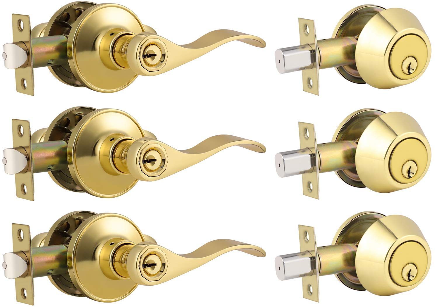 Keyed Alike Entry Door Lock Set - Single Cylinder Deadbolt with Wave Style Lever Handle, Polished Brass Reversible Leverset (3 Pack) - Perfect for Bedroom, Front Door & Exterior Security