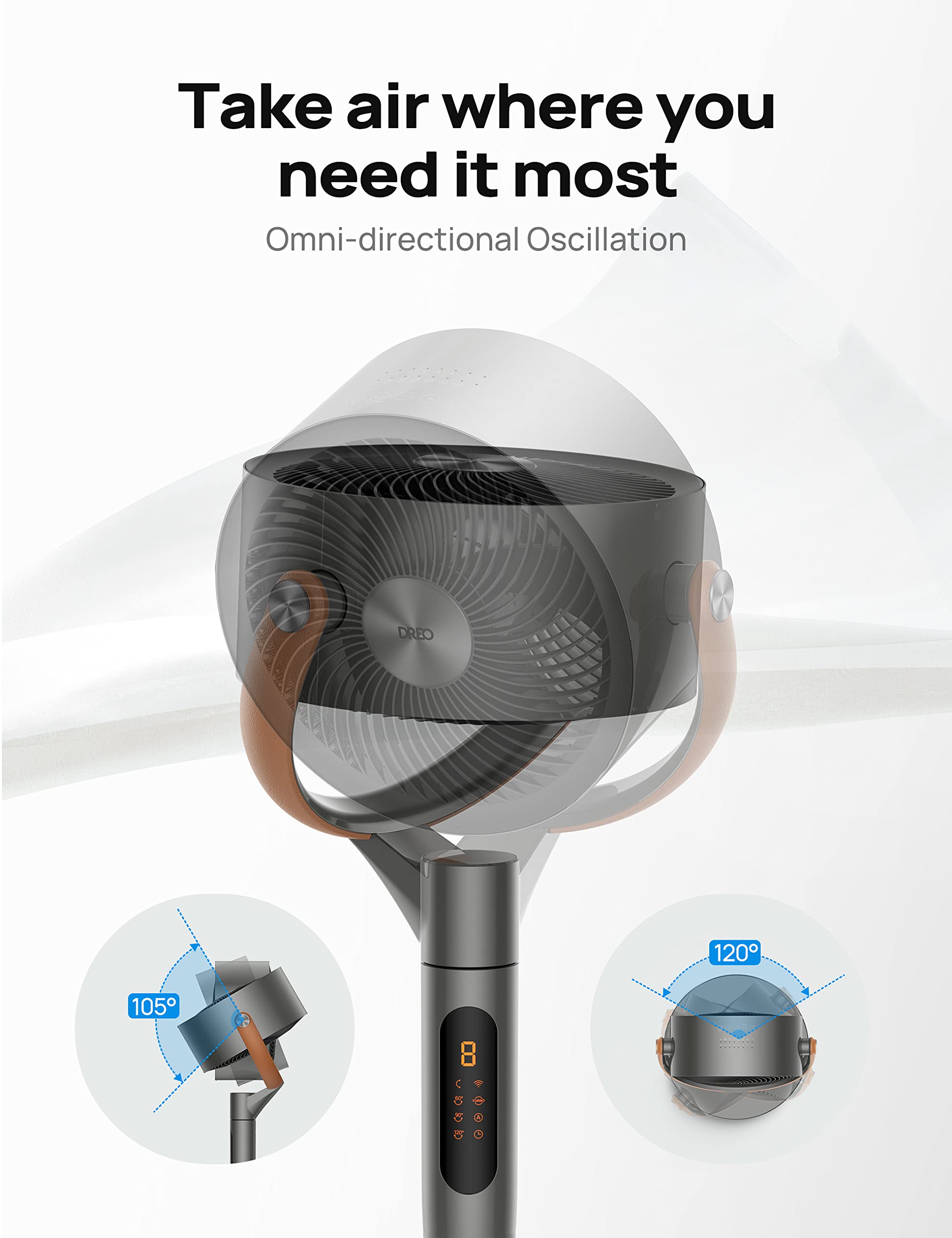 Dreo Smart Wi-Fi Standing Fan with Voice Control - 37-43'' Adjustable Height, 6 Modes & 8 Speeds, 100ft Quiet DC Motor Circulator, 120°+105° Oscillation for Bedroom, Living Room & Office Use