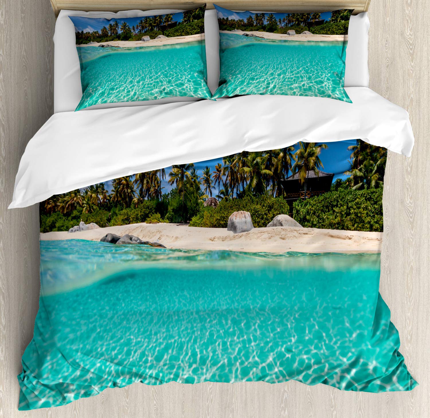 Ambesonne Tropical Beach Duvet Cover Set - King Size 3-Piece Bedding with 2 Pillow Shams | Caribbean Virgin Gorda Island Design in Cobalt Blue, Aqua & Emerald | Perfect for Coastal & Beach Theme Bedrooms