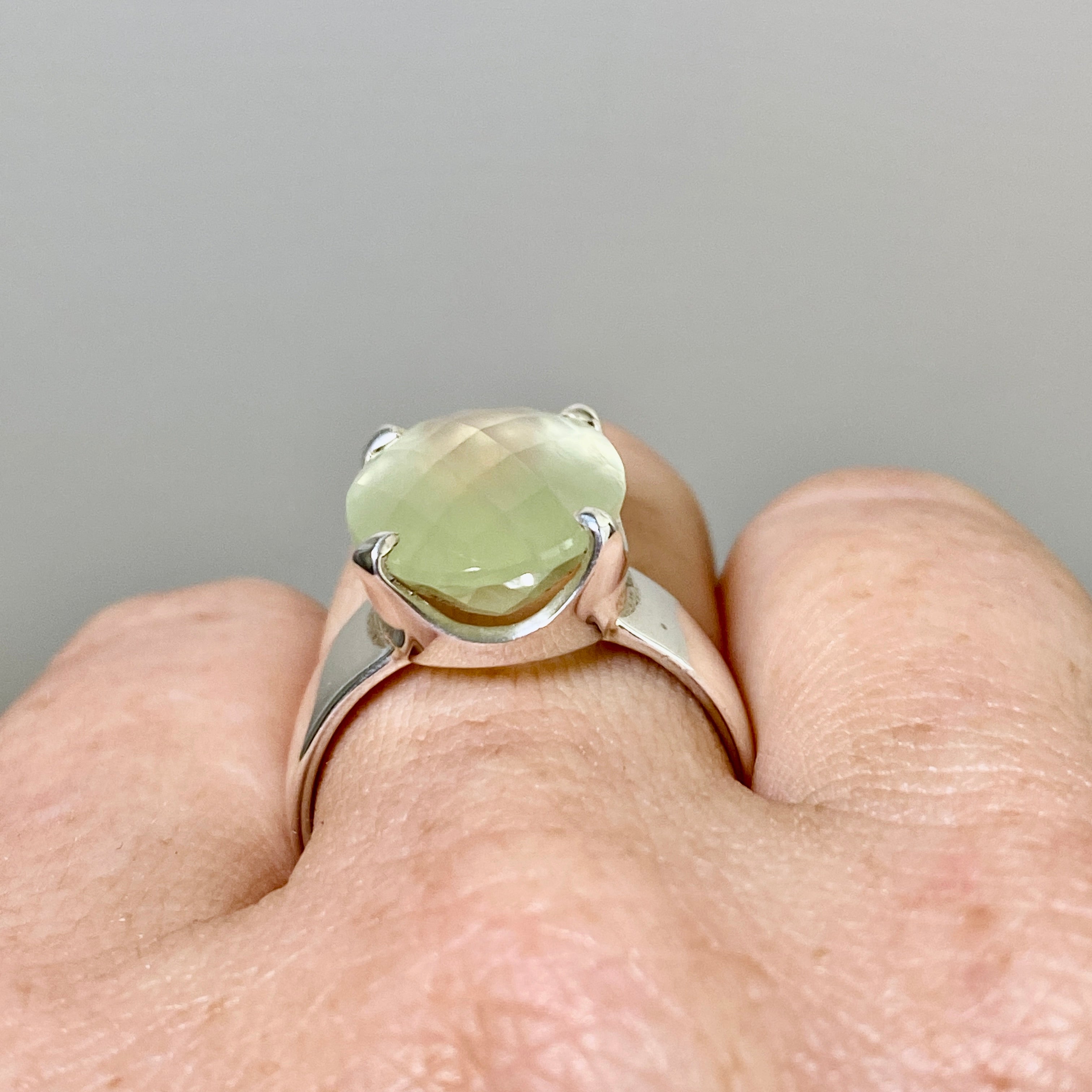 Prehnite Oval Checkerboard Faceted Ring Size 10 - Natural Gemstone Jewelry for Women, Elegant Statement Ring for Wedding, Party & Special Occasions