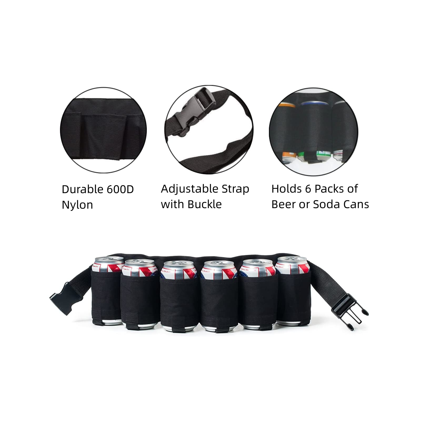 6 Pack Beer Holster Belt - Adjustable Beverage Waist Pack for Men & Women - Perfect for Parties, Picnics, Tailgating & Outdoor Events - Hands-Free Drink Carrier for Beer, Soda & Cans