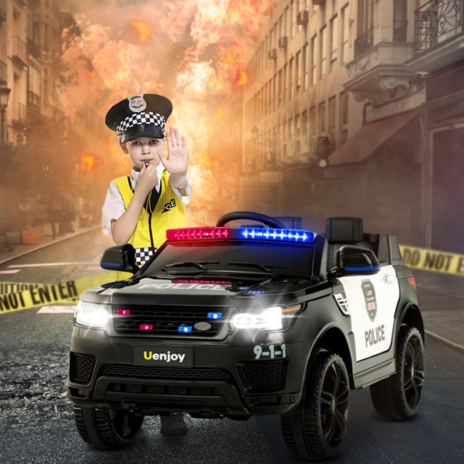 12V Kids Police Ride On Car SUV - Battery Powered Electric Toy Car with 2.4G Remote Control, LED Siren & Flashing Lights, Music, Horn, Intercom, Bumper Guard, Openable Doors, AUX & USB Port - Perfect for Outdoor Play, Birthday Gifts & Pretend Police Adventures (Black)