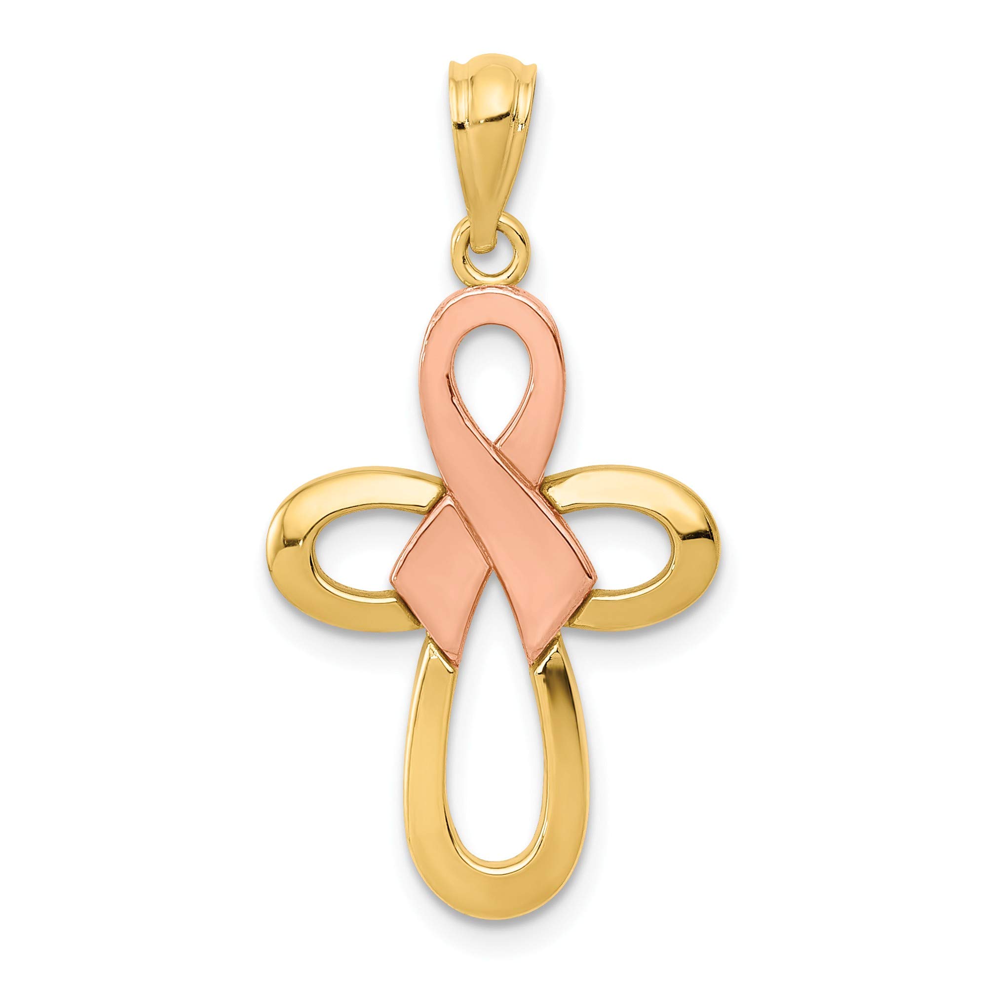 14K Yellow & Rose Gold Polished Pink Ribbon Cross Pendant Necklace - Elegant Two-Tone Jewelry for Women, Perfect for Breast Cancer Awareness, Gifts & Everyday Wear