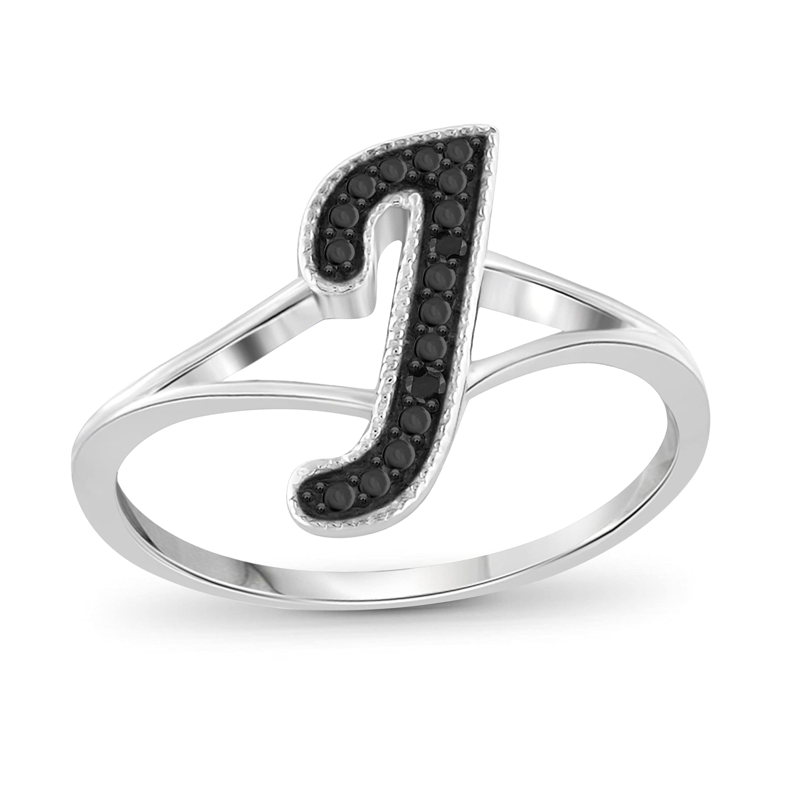 JEWELEXCESS Sterling Silver A-Z Initial Ring with Black Diamond Accent - Personalized Name Ring for Women, Perfect Gift for Birthday, Anniversary & Valentine's Day