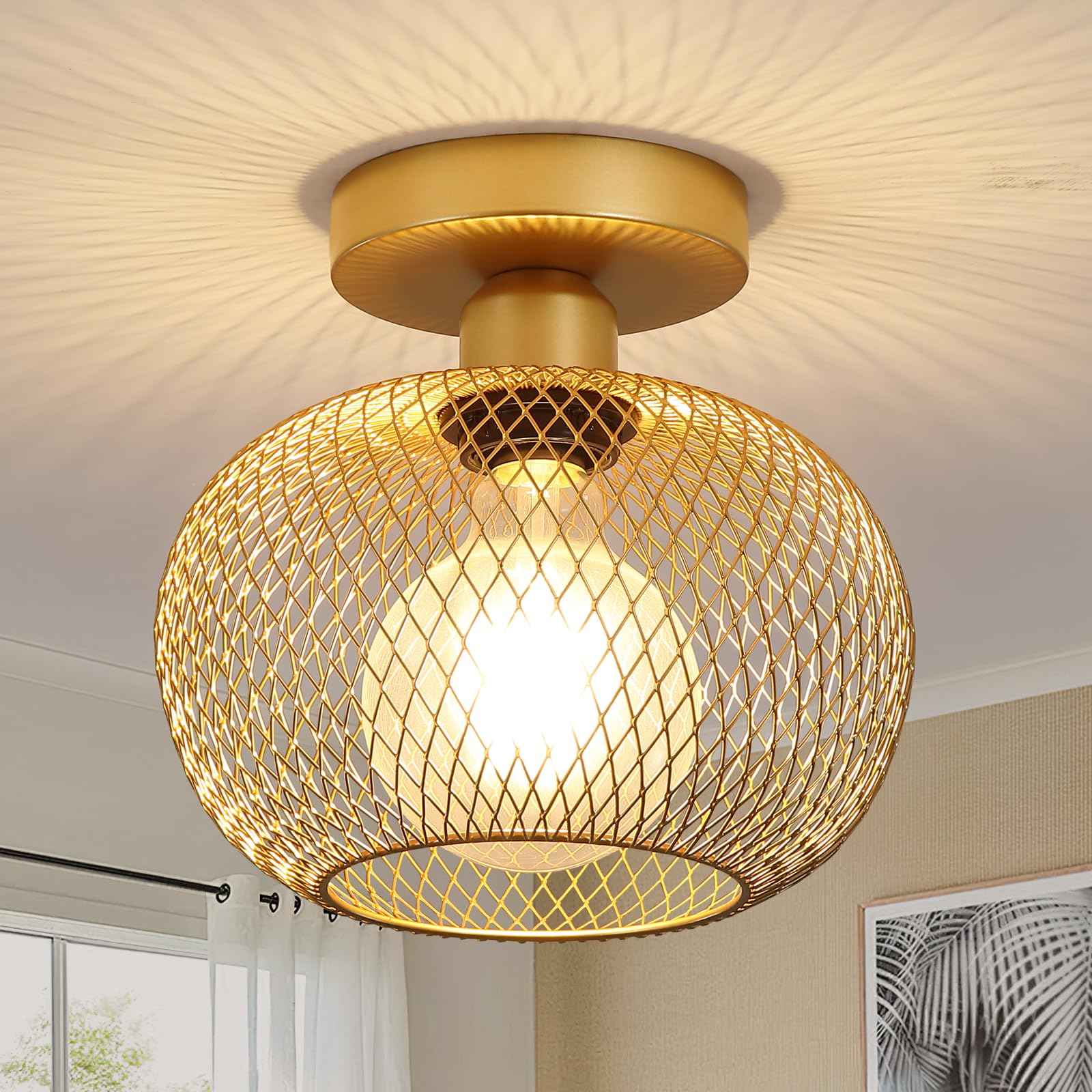 Modern Gold Semi Flush Mount Ceiling Light - Industrial Mini Globe Fixture for Hallway, Kitchen, Bathroom, Bedroom & Laundry Room | Dimmable Vintage Lighting for Home, Apartment & Office Decor