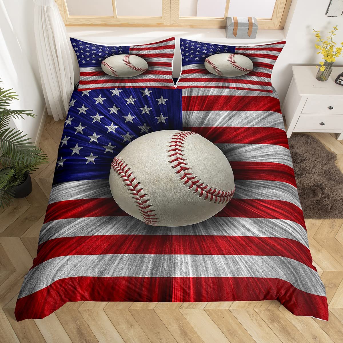 American Flag Baseball Duvet Cover Twin Size - 3D USA Flag Print Sports Theme Comforter Cover for Kids & Boys Bedroom - Black Pleated Microfiber Bedding Set with Pillow Sham - Perfect for Game Day Decor, Sports Fans & Patriotic Room Themes