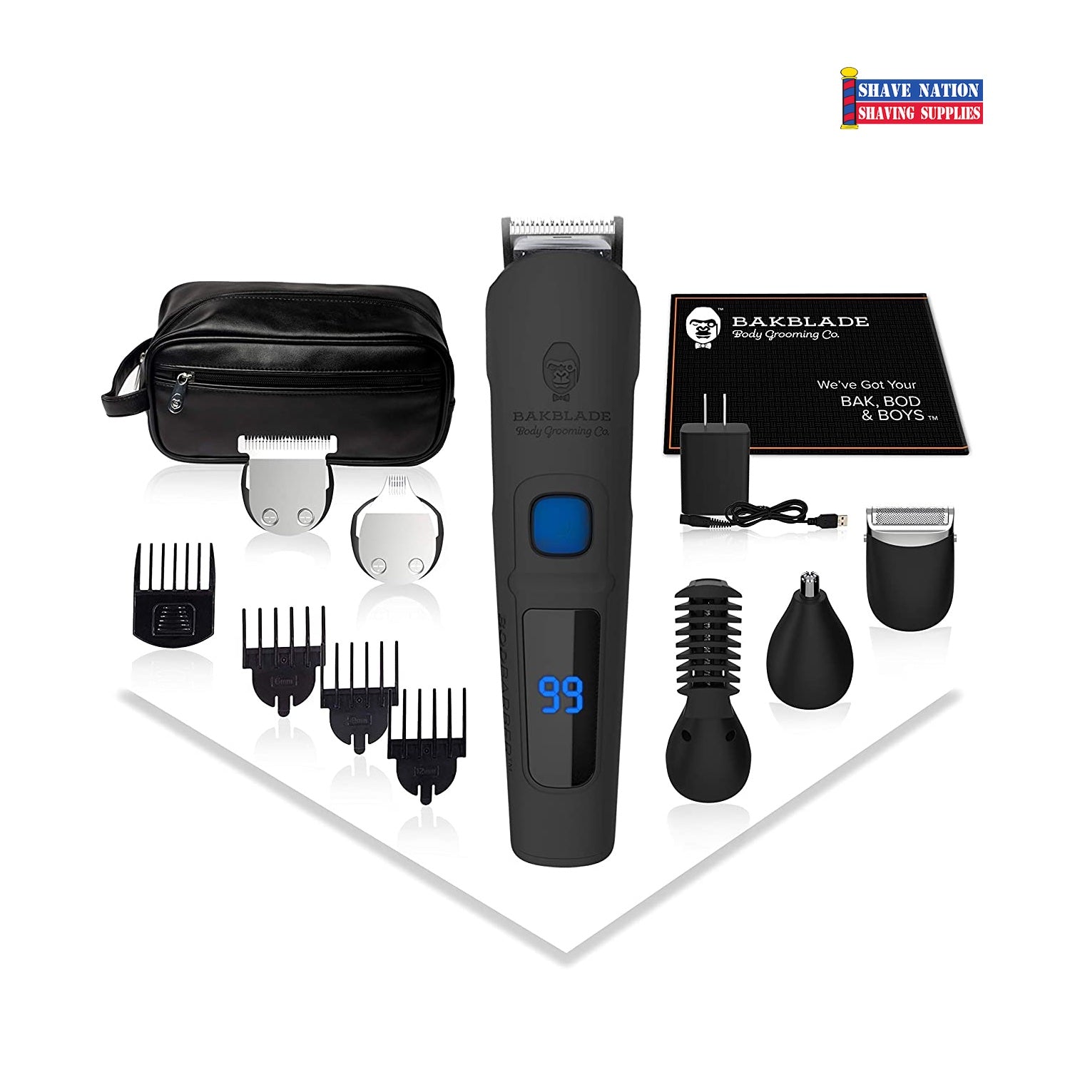 BAKBLADE BODBARBER 11-in-1 Men's Body Grooming Kit - Electric Shaver, Trimmer & Body Hair Clipper for Chest, Back, Legs & Private Areas - Perfect for Travel, Gym & Home Use