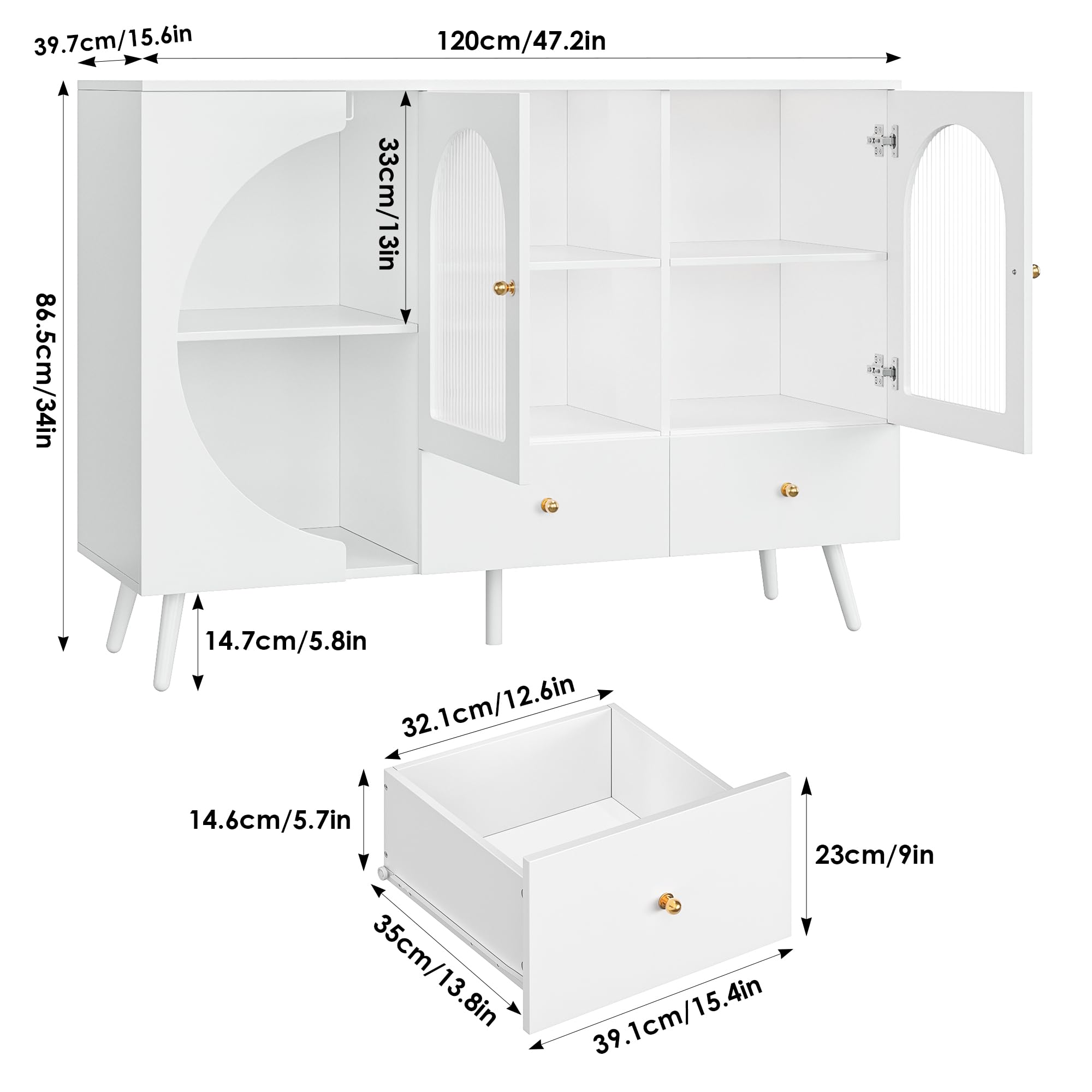 Modern White Coffee Bar Cabinet with 2 Drawers & Fluted Glass Door - Buffet Sideboard for Wine Storage, Perfect for Kitchen, Dining Room & Living Room - Stylish Home Bar Furniture for Entertaining Guests